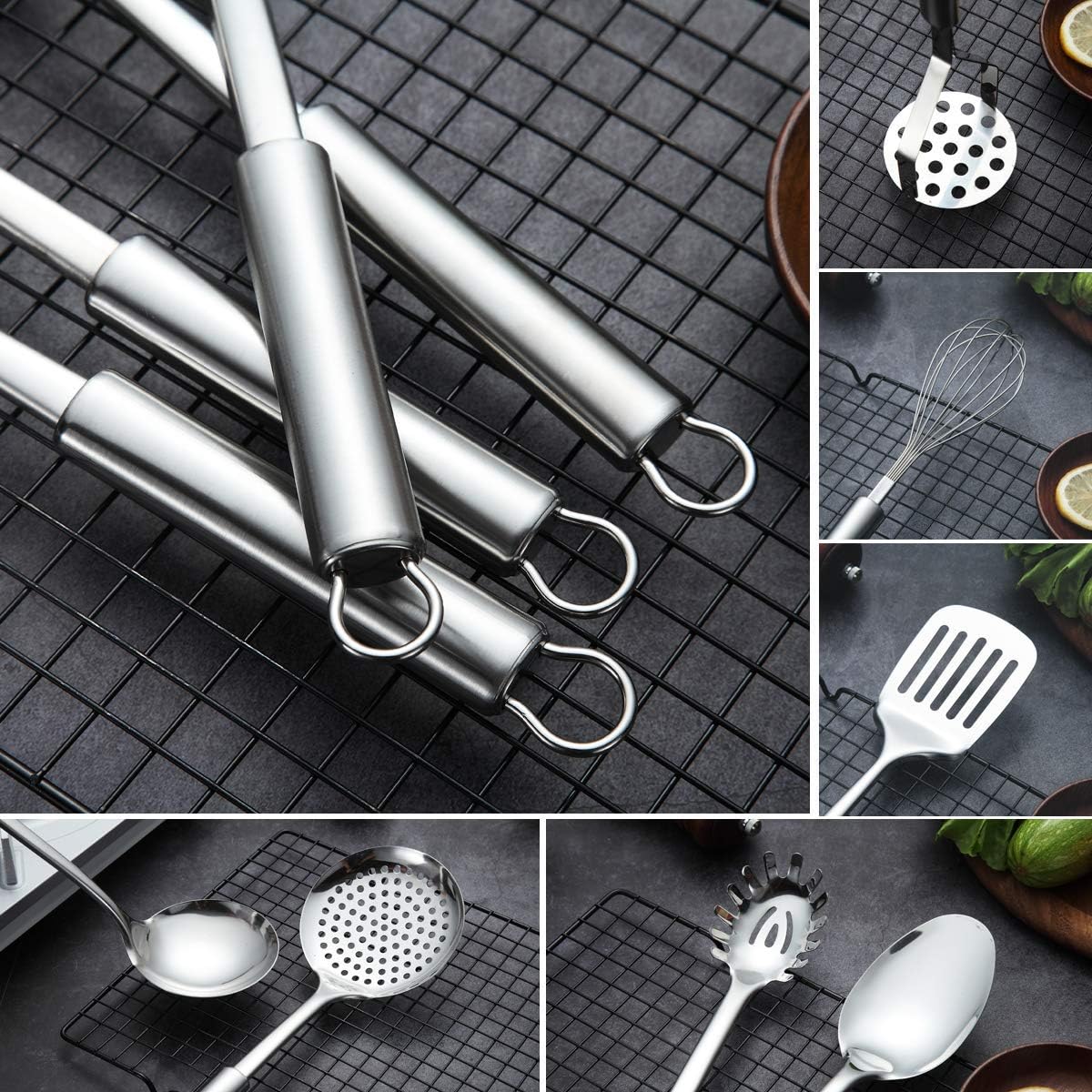 Berglander Cooking Utensil Set 8 Piece, Stainless Steel Kitchen Tool Set with Stand,Cooking Utensils, Slotted Tuner, Ladle, Skimmer, Serving Spoon, Pasta Server,Potato Maseher, Egg Whisk. (8 Pieces)