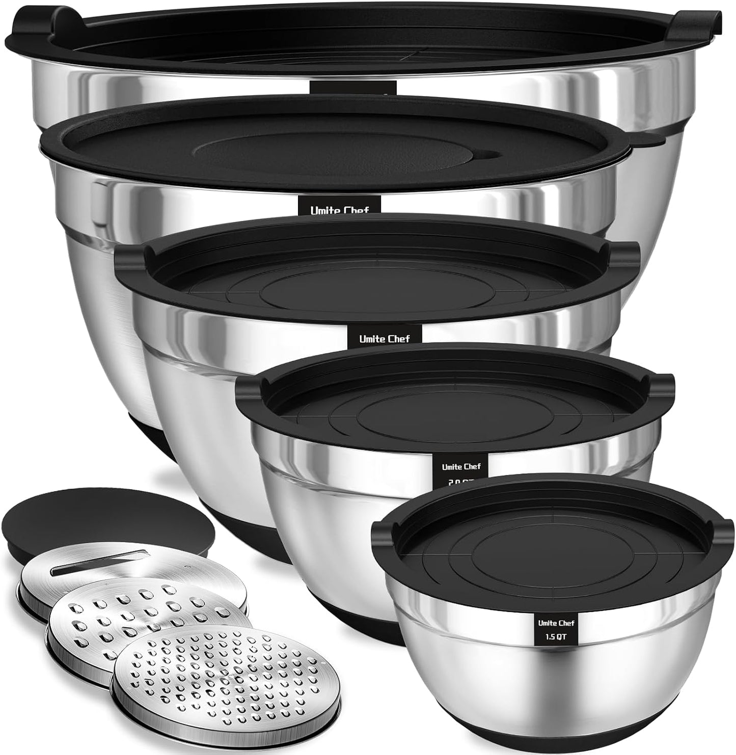 Umite Chef Mixing Bowls with Airtight Lids Set, 8PCS Stainless Steel Nesting Bowls with Grater Attachments, Non-Slip Bottoms, 5, 4, 3.5, 2, 1.5QT for Mixing & Serving