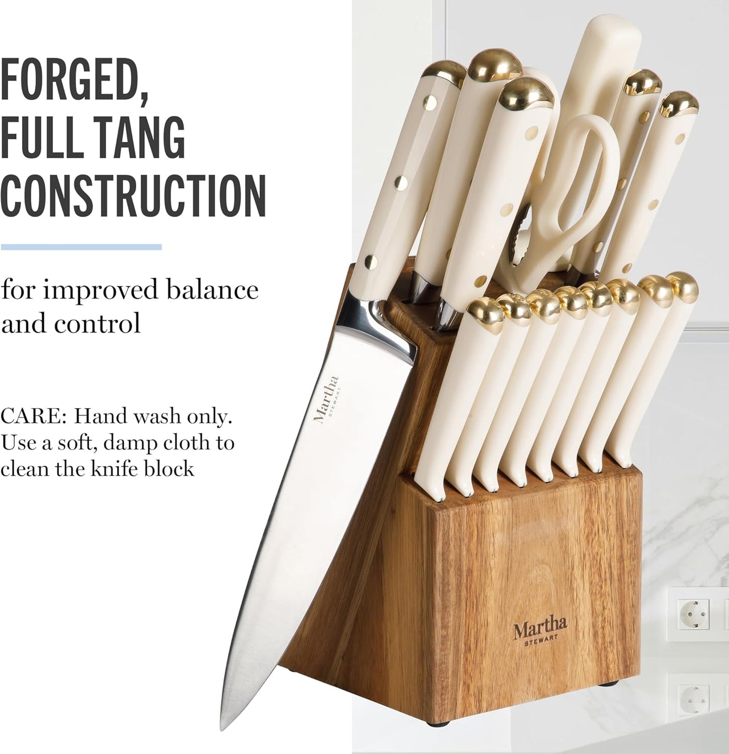 Martha Stewart Knife Block Set 16-Piece - Lockton High Carbon Stainless Steel Forged Full Tang Chef Knives, Acacia Wood Block, Triple Riveted Handles, Linen White & Gold