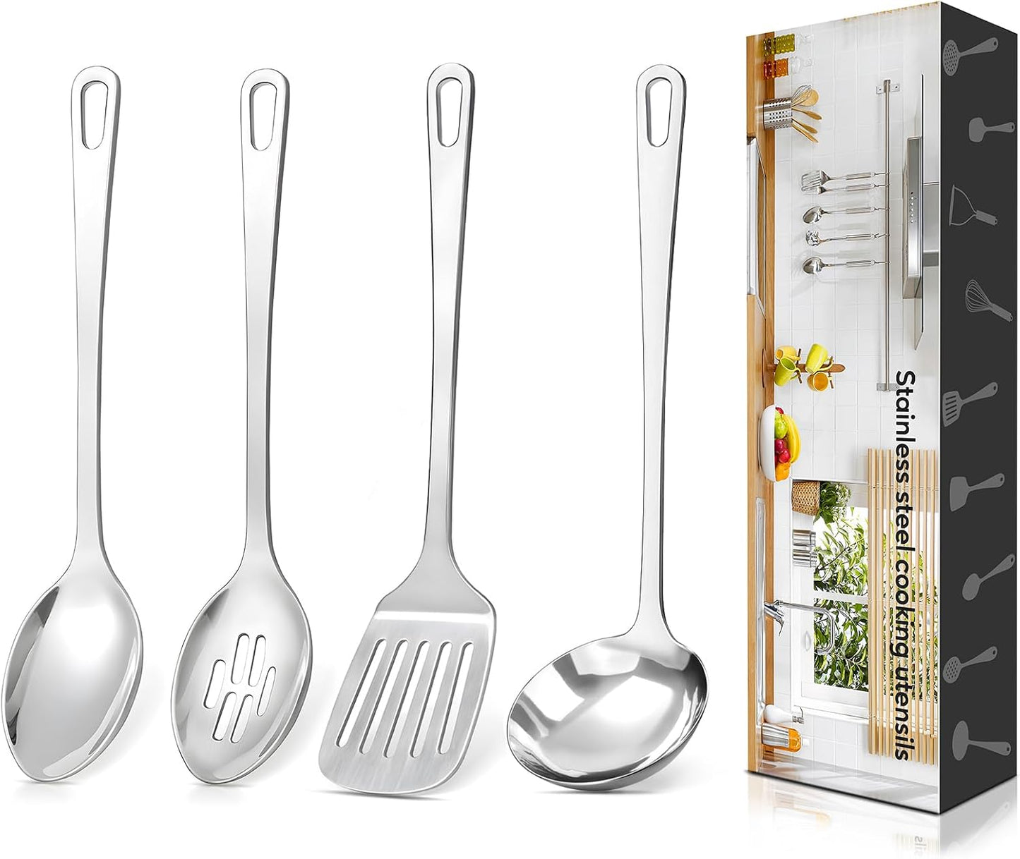 4 Pcs Cooking Utensils Set, Stainless Steel Kitchen Utensils, Heat Resistant Metal Kitchen Tools Include Solid & Slotted Turner Wok Spatula, Serving Spoon, Ergonomic Handle, Easy to Clean, Silver