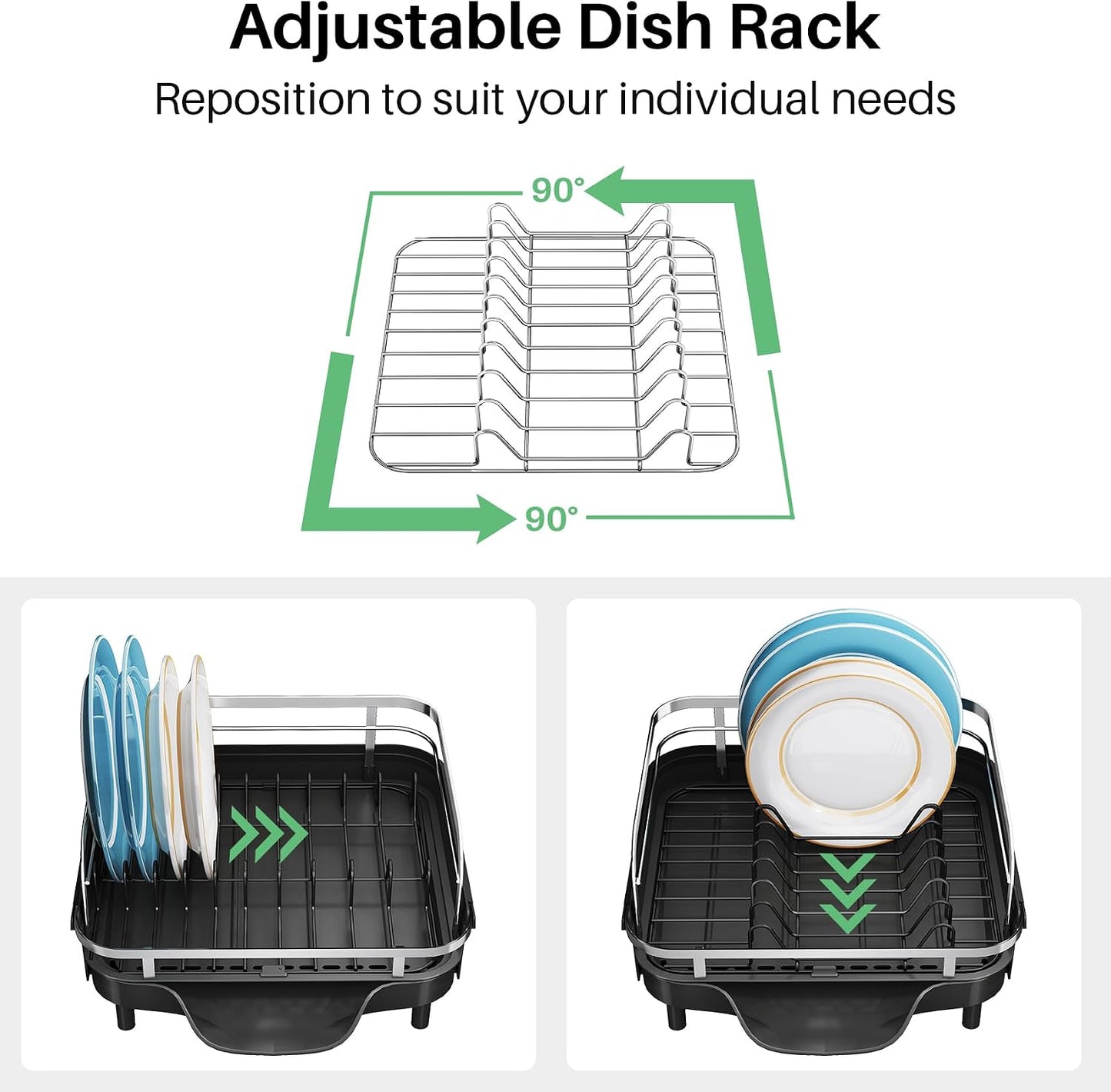 SNTD Expandable Dish Drying Rack for Kitchen Counter, 15.2-22.1 in, Black | Rust-Resistant Stainless Steel, Protective Side Rails, Self-Draining Drainboard, Removable Utensil Holder