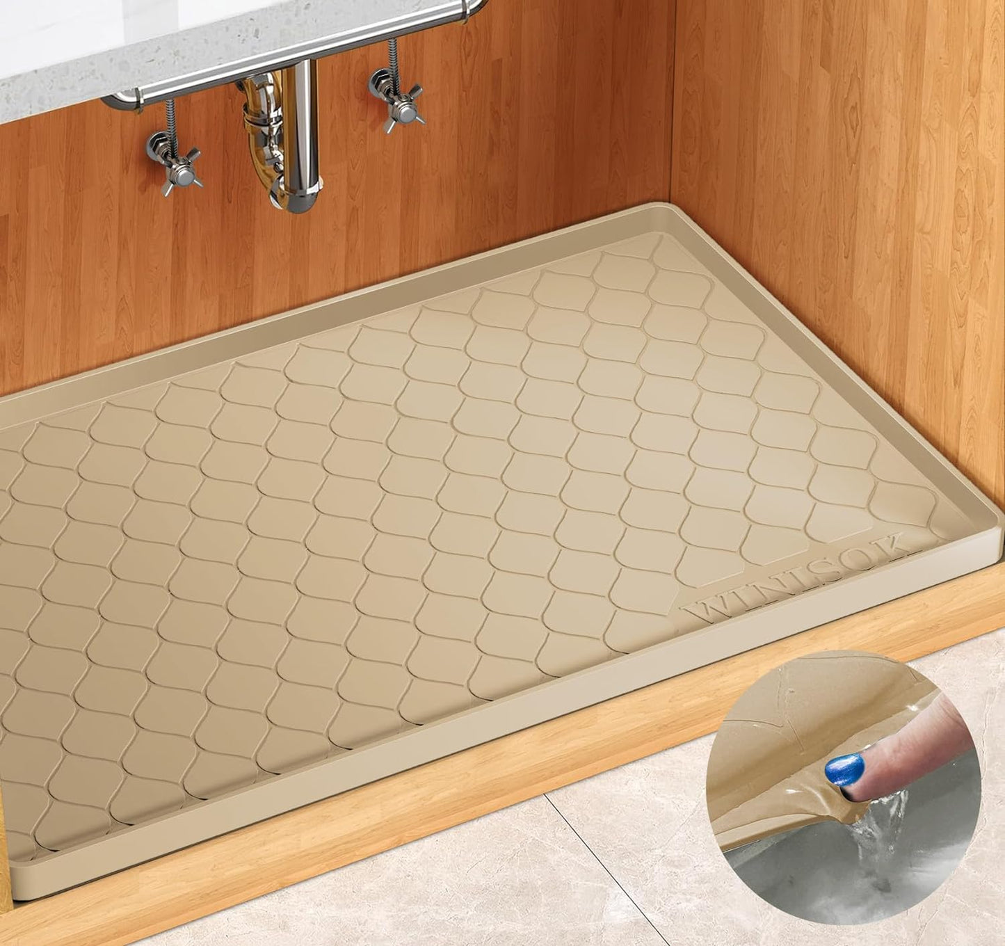 Winisok Waterproof Under Sink Mat 34" x 22", Silicone Mat, Beige | Raised Edge Traps Spills & Leaks, Shelf Liner, Cabinet Protector, for Kitchen, Bathroom, Boots, Pets, Home Essentials