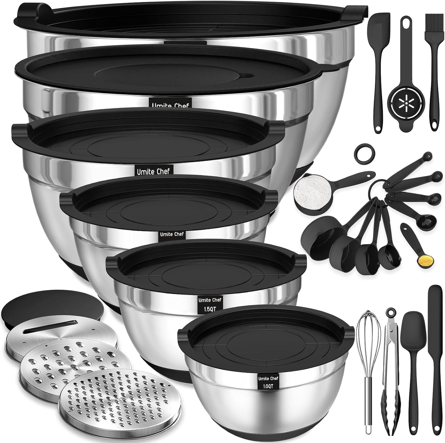 Mixing Bowls with Airtight Lids Set, 26PCS Stainless Steel Khaki Bowls with Grater Attachments, Non-Slip Bottoms & Kitchen Gadgets Set, Size 7, 4, 2.5, 2.0,1.5, 1QT, Great for Mixing & Serving