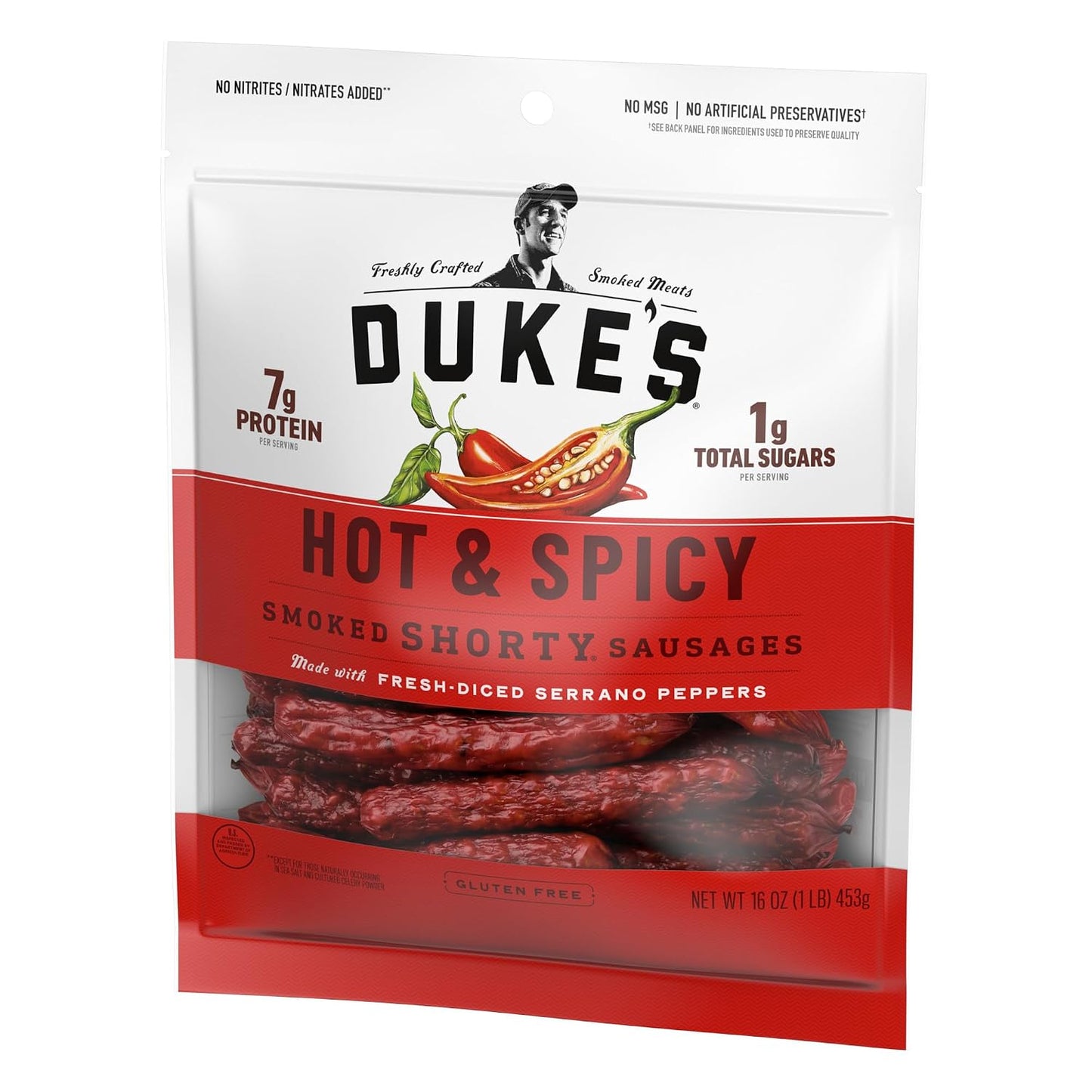 Duke's Pork Hot & Spicy Smoked Shorty Sausages, 16 oz, Gluten-Free Meat Snack
