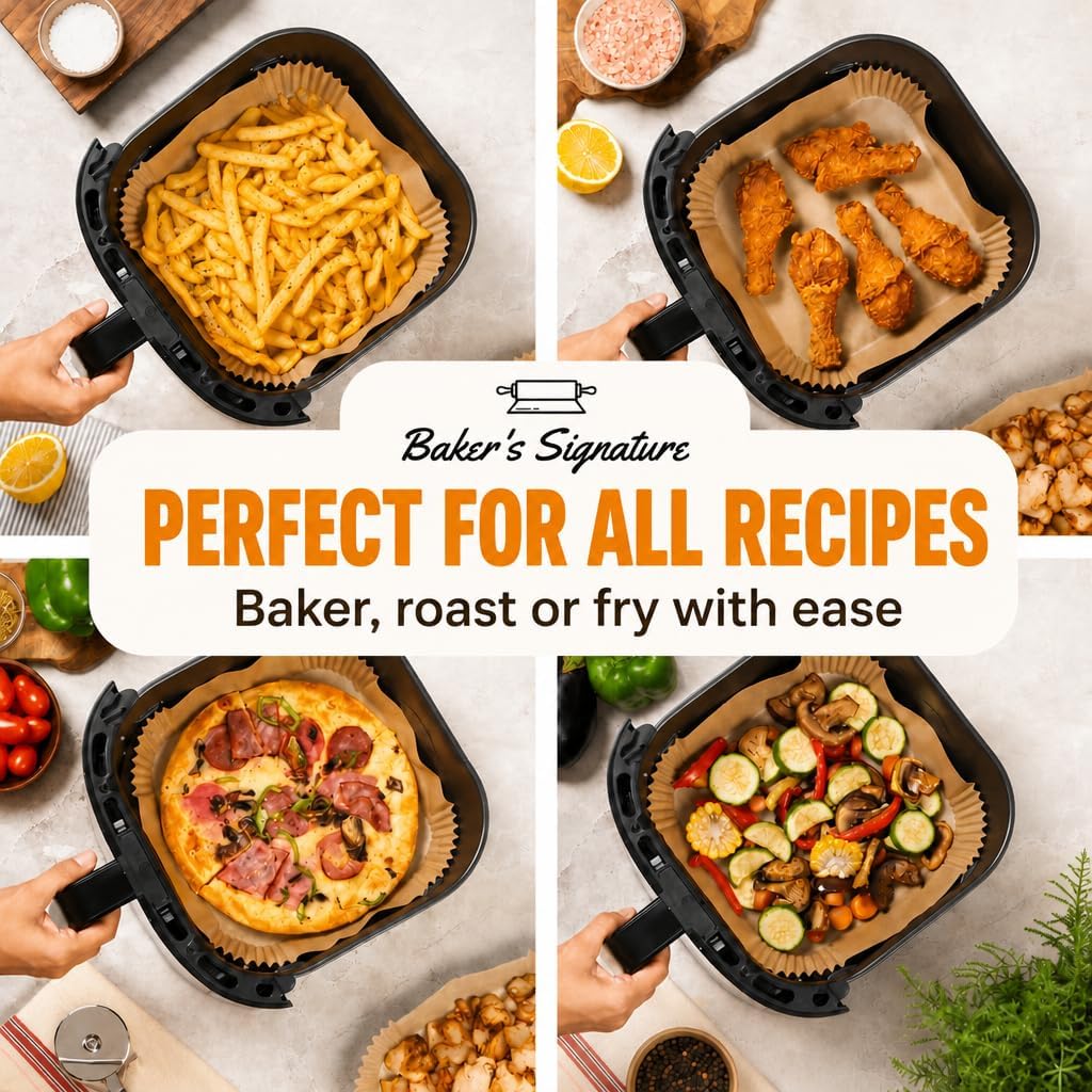 Air Fryer Paper Liners, 125Pcs Air Fryer Disposable Liners | Non-Stick and Oil Proof for Easy Cleanup, 8" Square for 5-8 qt Basket by Baker's Signature