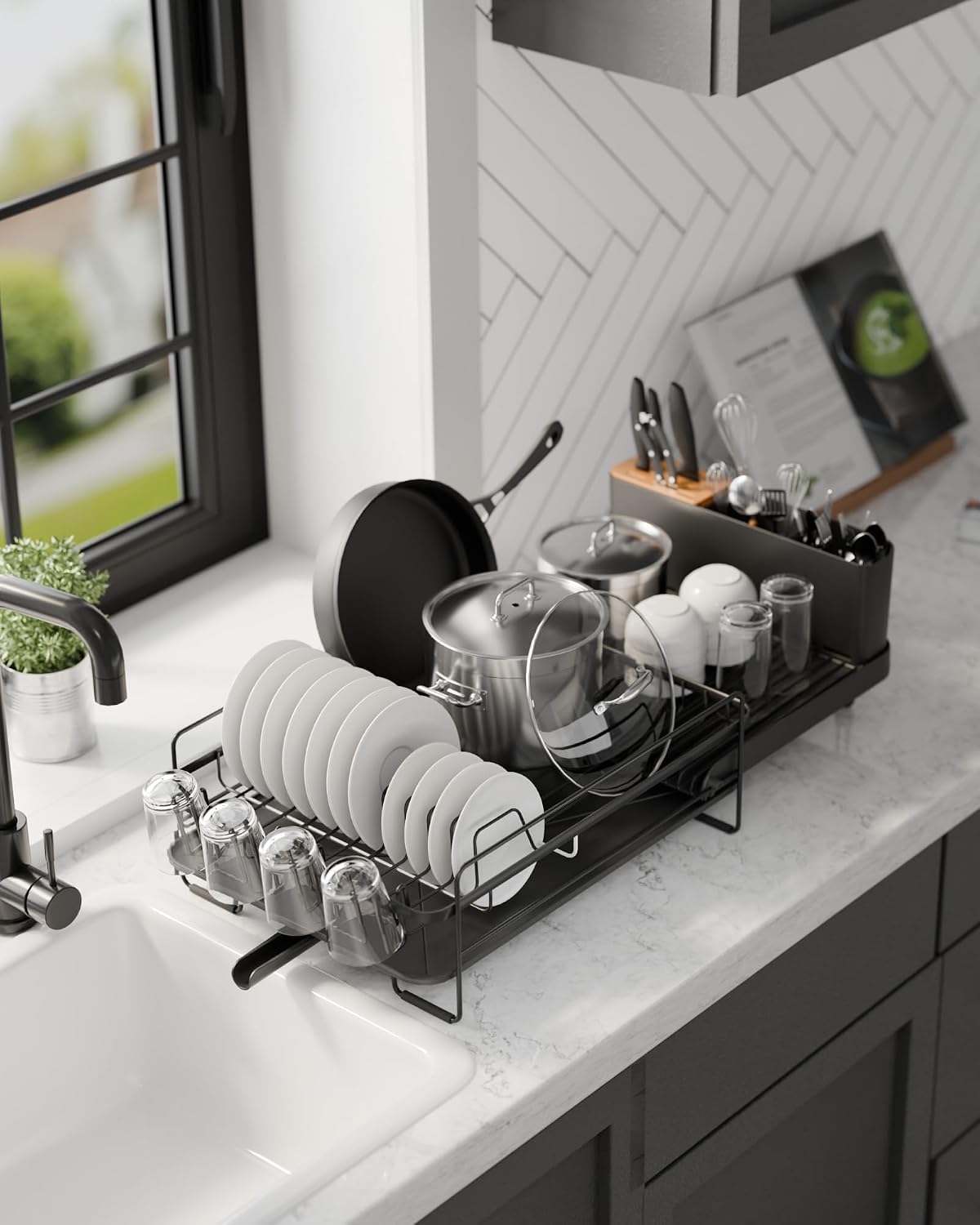 Kitsure Extendable Dish Drying Rack, 19.2"-26.7" L x 12.9" W, Black | Large Dish Rack, Multifunctional Dish Rack for Kitchen Counter, Anti-Rust Dish Drainers with Cutlery & Cup Holders