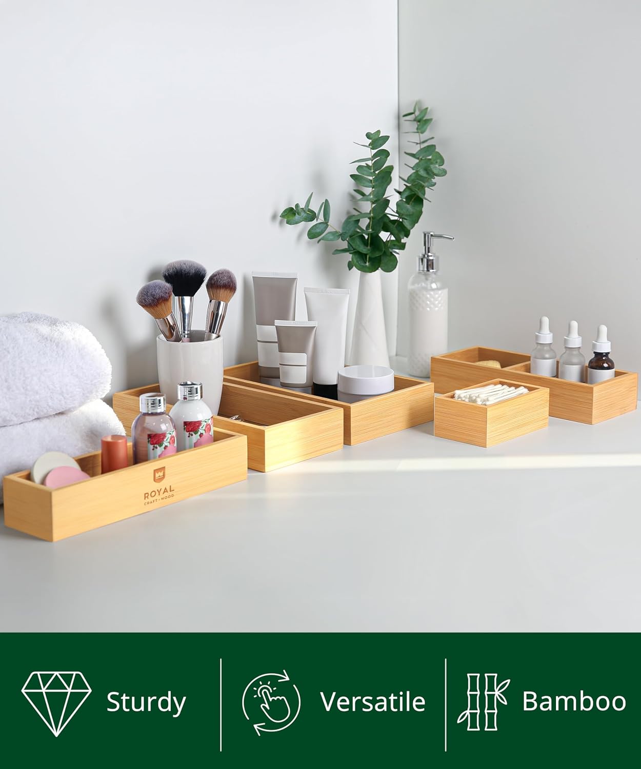 ROYAL CRAFT WOOD 5-Piece Bamboo Drawer Organizer Set โ Multi-Use Storage Trays for Kitchen, Bathroom, Office, Makeup, Jewelry & More โ Junk Drawer Tray, Utensil Holder, Storage Box & Bin Set (5 Boxes)