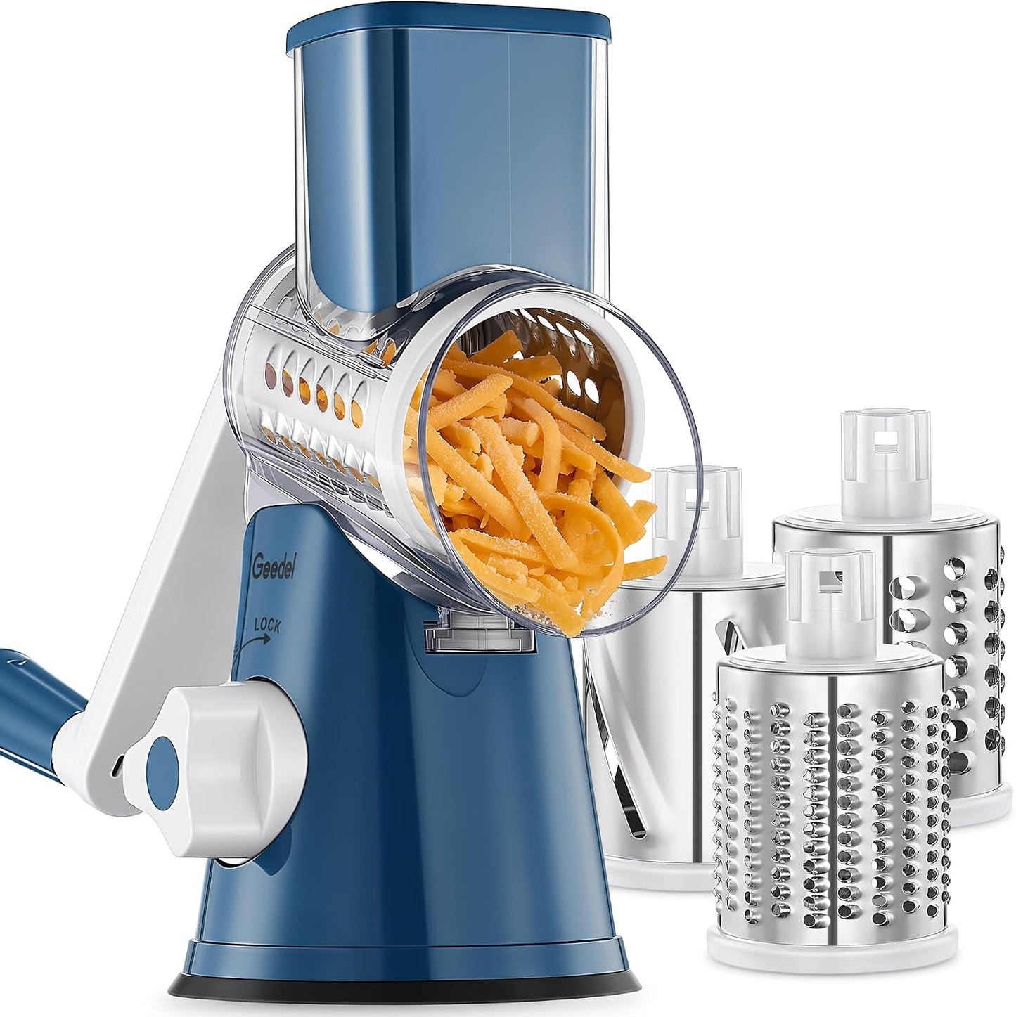 Geedel Rotary Cheese Grater Hand Crank, Cheese Shredder Vegetable Slicer | 3 Blades, 430 Stainless Steel, 12x Fast Cutting, Strong Suction Base, No BPA, Dishwasher Safe, for Cheese, Veggie, Nut