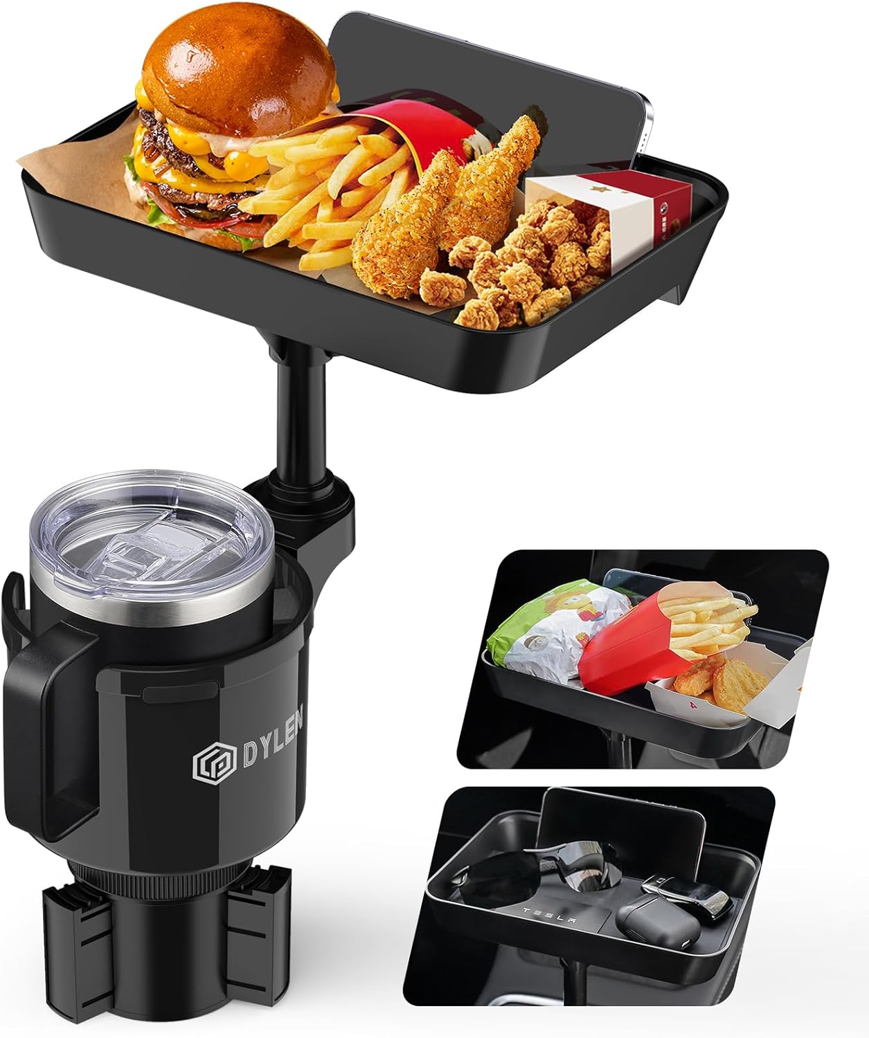 DYLEN Car Cup Holder Tray, Cup Holder Expander Adapter for Car, 9.5” Detachable Car Food Tray Table for Eating, Road Trip Essentials Fits Yeti, Hydro Flask 16-46 oz