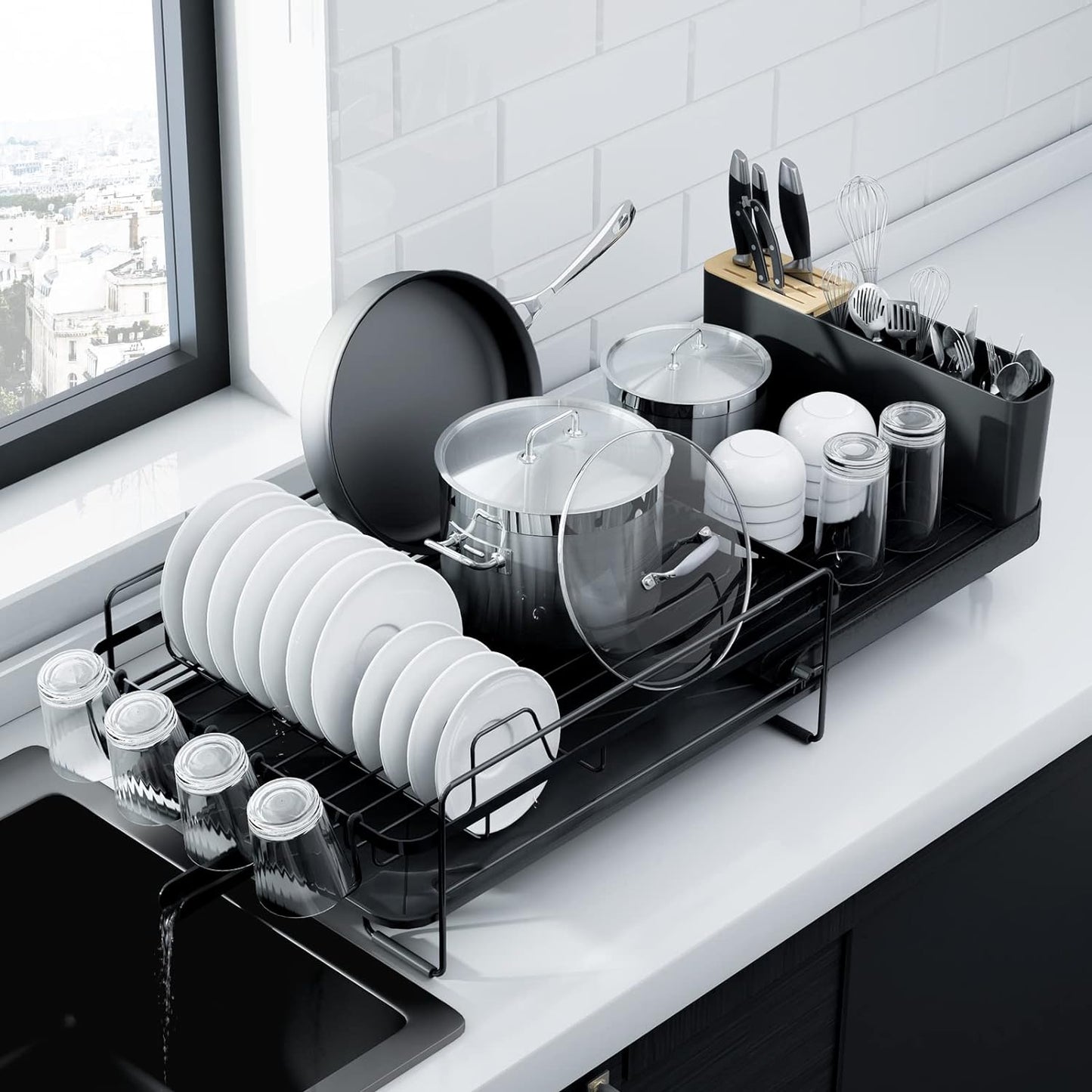 Kitsure Extendable Dish Drying Rack, 19.2"-26.7" L x 12.9" W, Black | Large Dish Rack, Multifunctional Dish Rack for Kitchen Counter, Anti-Rust Dish Drainers with Cutlery & Cup Holders