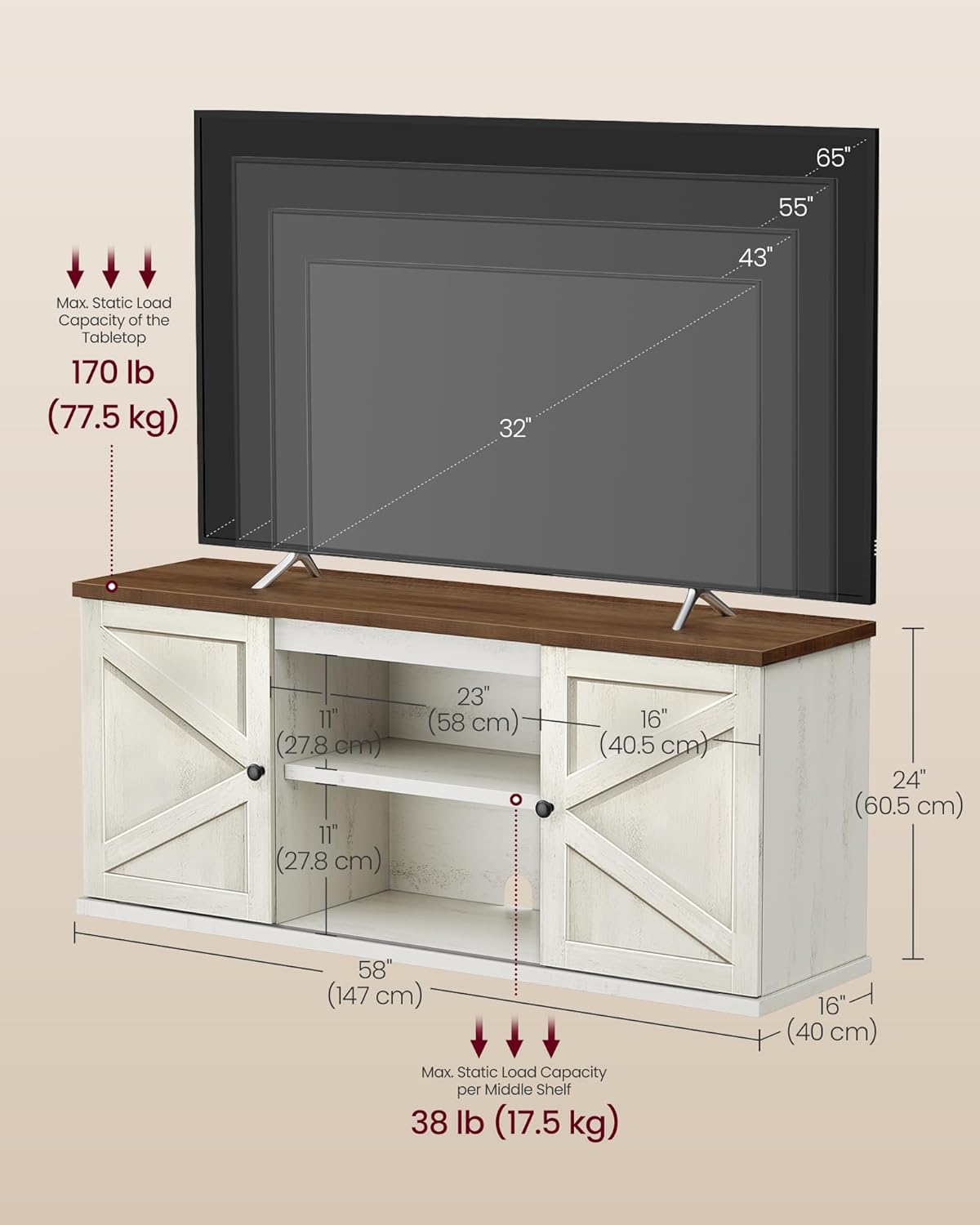 VASAGLE Farmhouse TV Stand for TVs up to 65 Inches, Entertainment Center with Storage Cabinets and Sliding Barn Doors, Media Console Table for Living Room, Rustic White and Honey Brown ULTV535W01