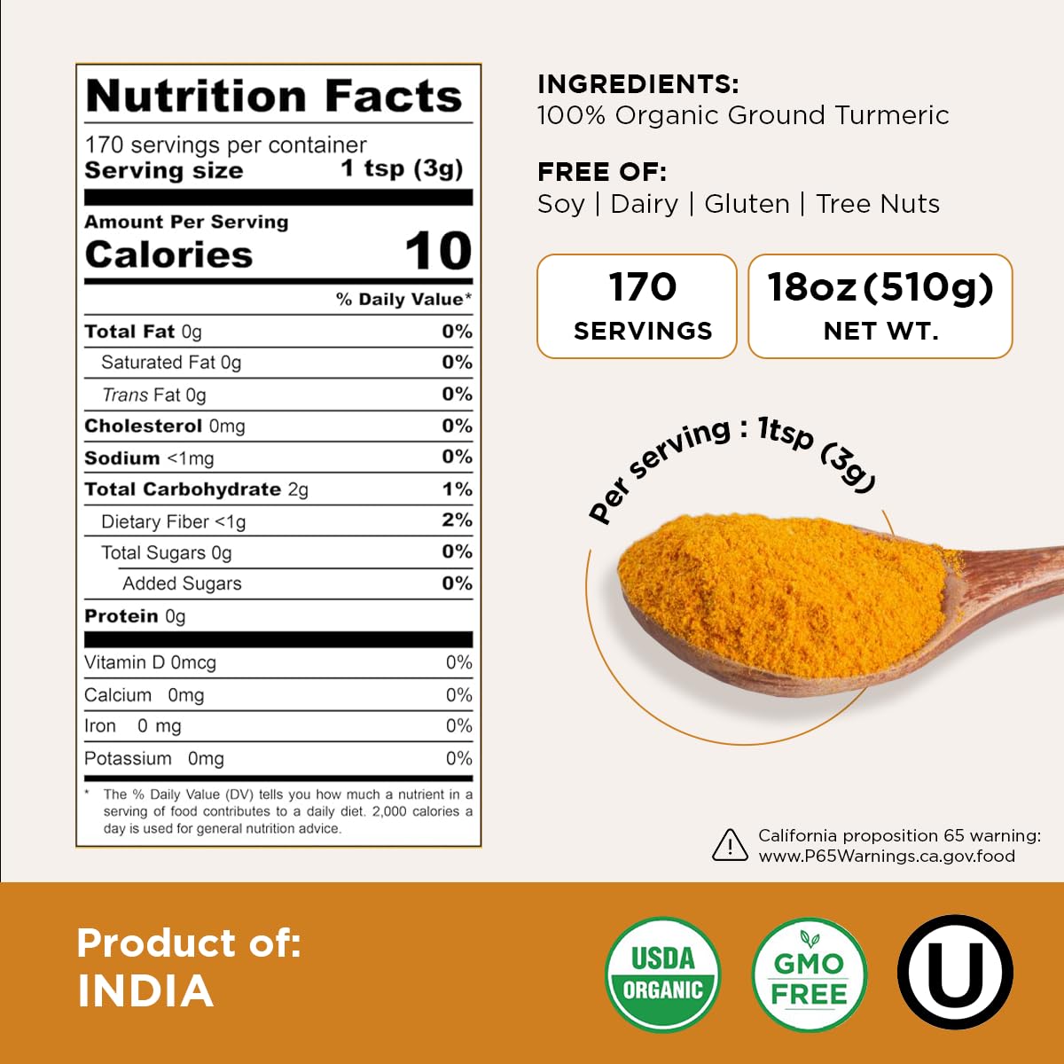 USDA Organic Turmeric Powder - Non-GMO, Kosher, Lab Tested - Chef Jar, Sustainably Grown, 18 oz, HQOExpress, Legacy Brand Since 1977