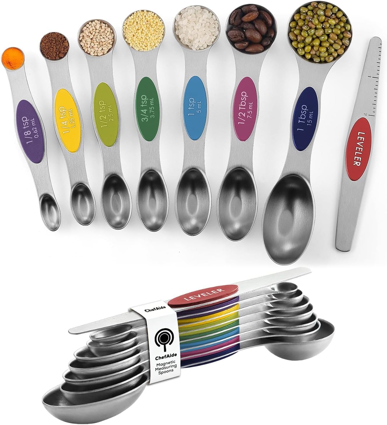ChefAide Pack of 8 Stainless Steel Magnetic Measuring Spoons Set, Dual Sided, Stackable, Adjustable Teaspoon and Tablespoon Measure Spoon with Leveler, Kitchen Gadgets Set 5