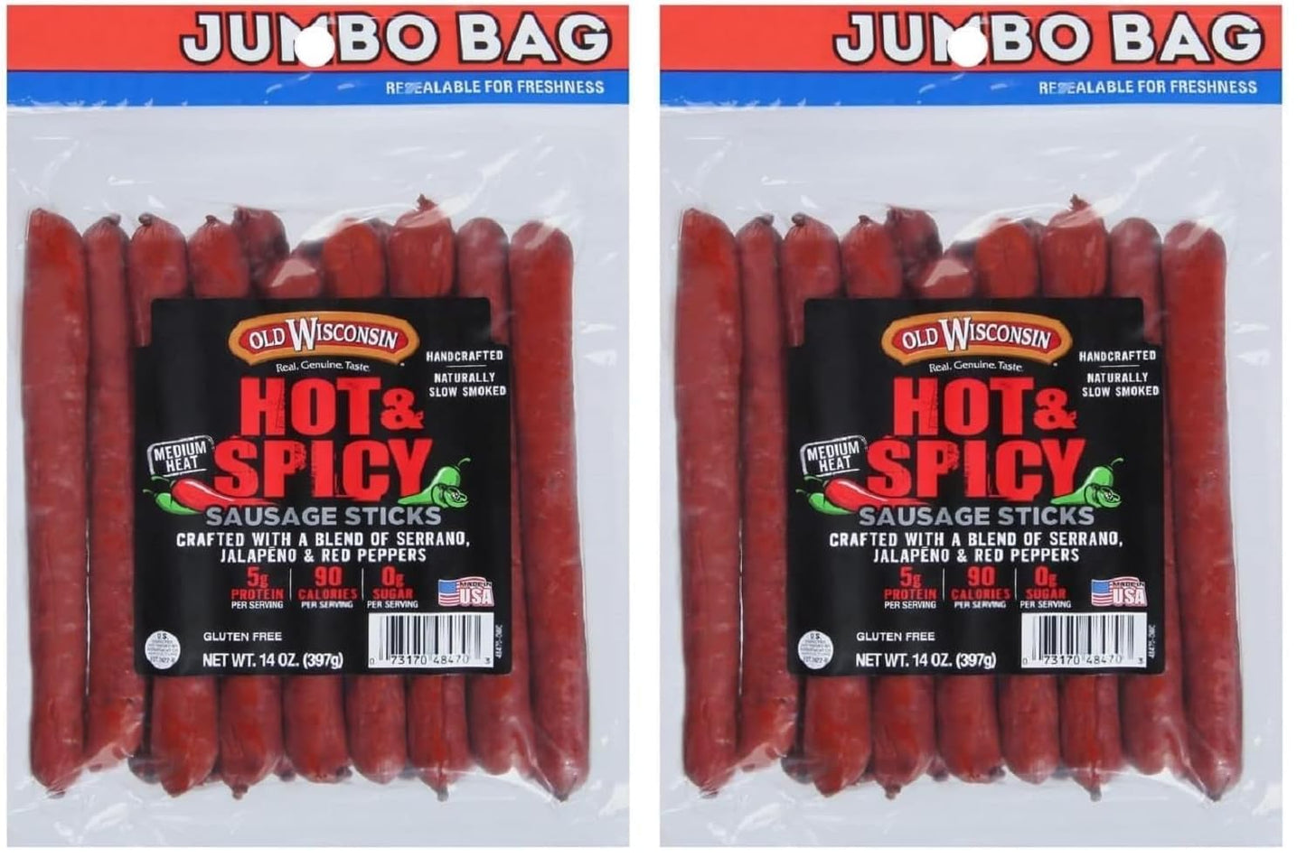 Old Wisconsin Hot & Spicy Sausage Snack Sticks, 14 Ounce Resealable Package