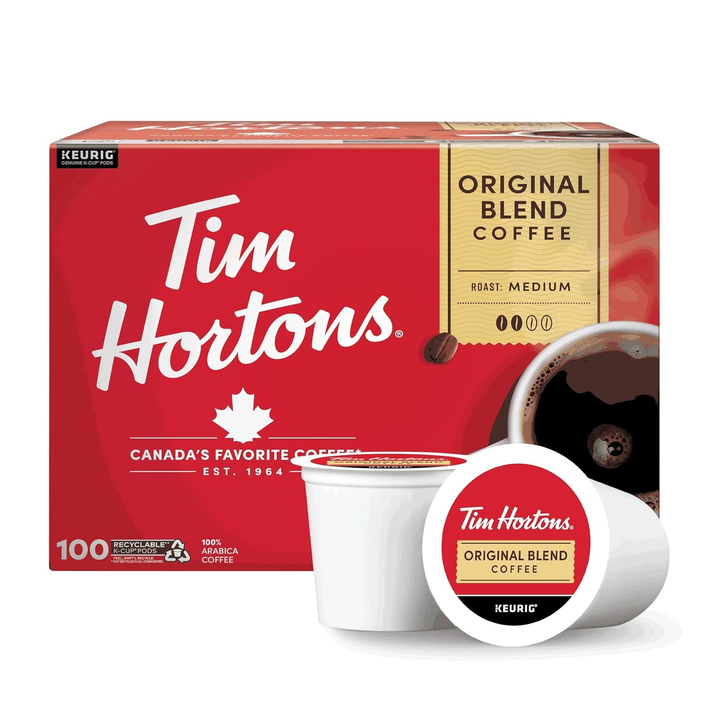 Tim Hortons Original Blend Medium Roast Coffee K-Cup Pods Compatible with Keurig Brewers 100ct
