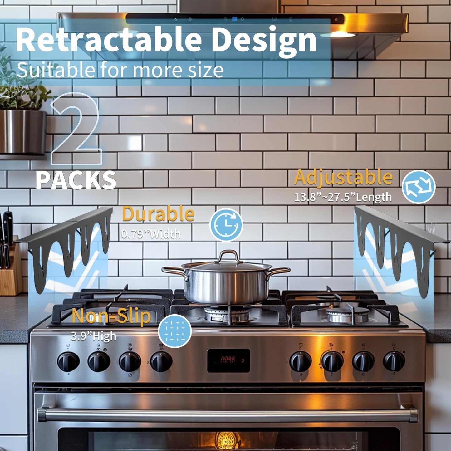 Stainless Steel Stove Gap Cover (2 Pack, Black), Stove Gap Filler for Kitchen, Range Trim Kit, Heat Resistant with Easy Clean, Adjustable Length 13.8” to 27.5”