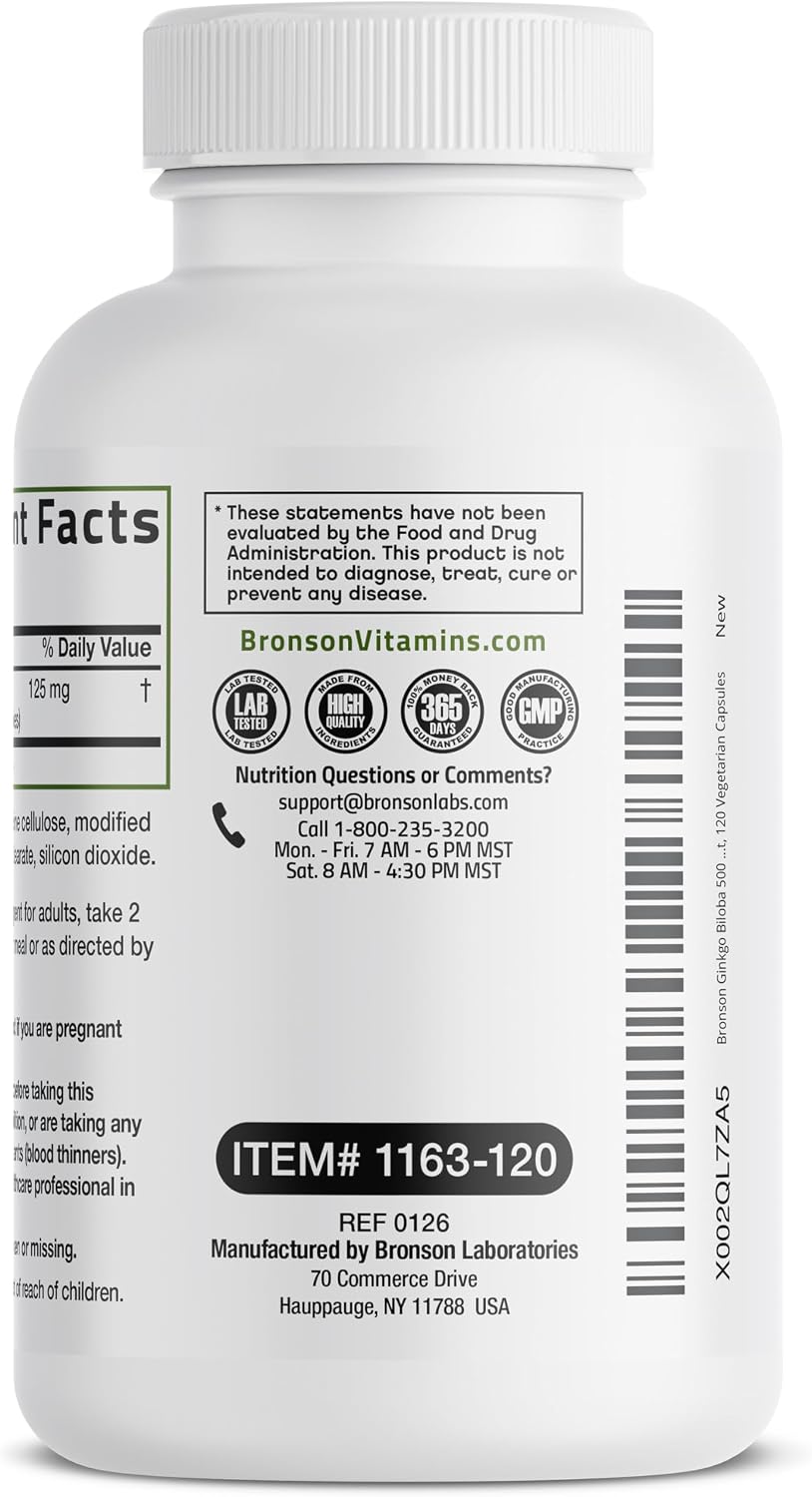 Bronson Ginkgo Biloba Extra Strength Supports Brain Function & Memory Support, 120 Vegetarian Capsules