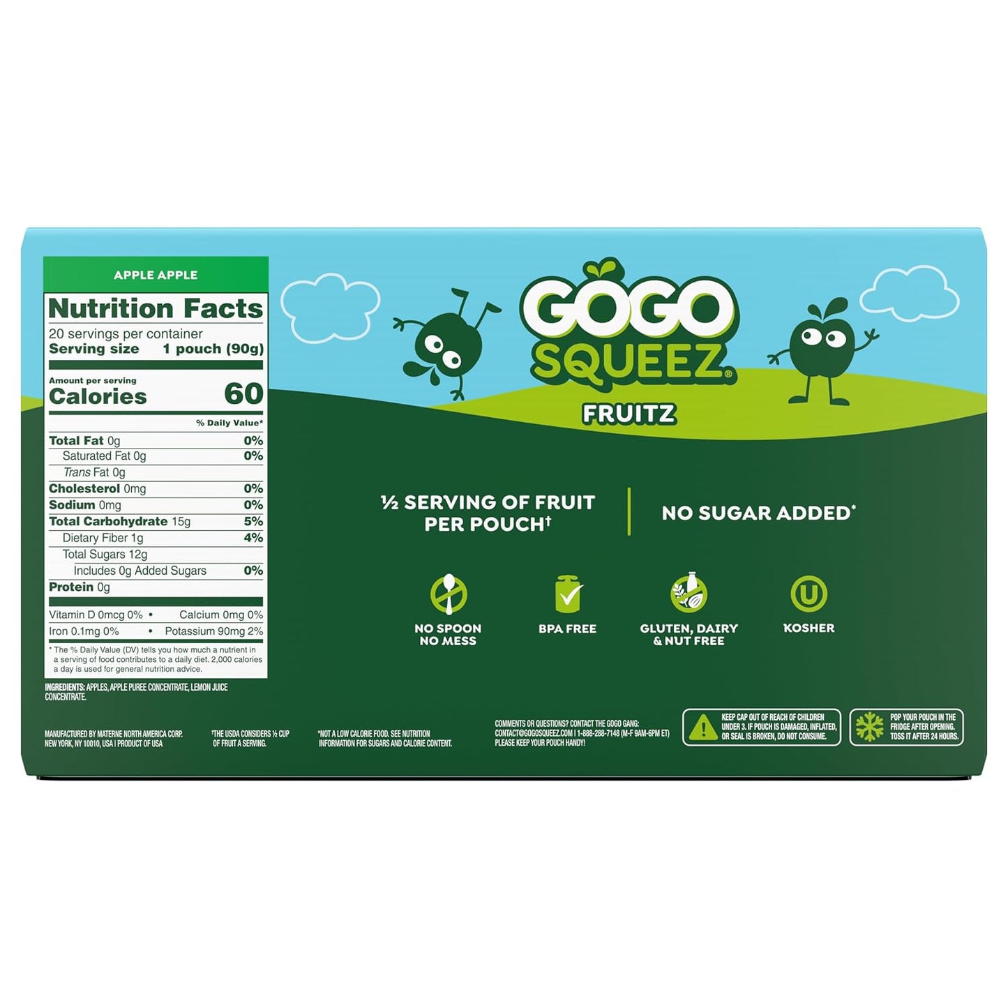 GoGo squeeZ No Sugar Added Applesauce and Fruit Puree, Apple, 3.2 oz Pouches, Pack of 20, Fruit Snacks for Kids
