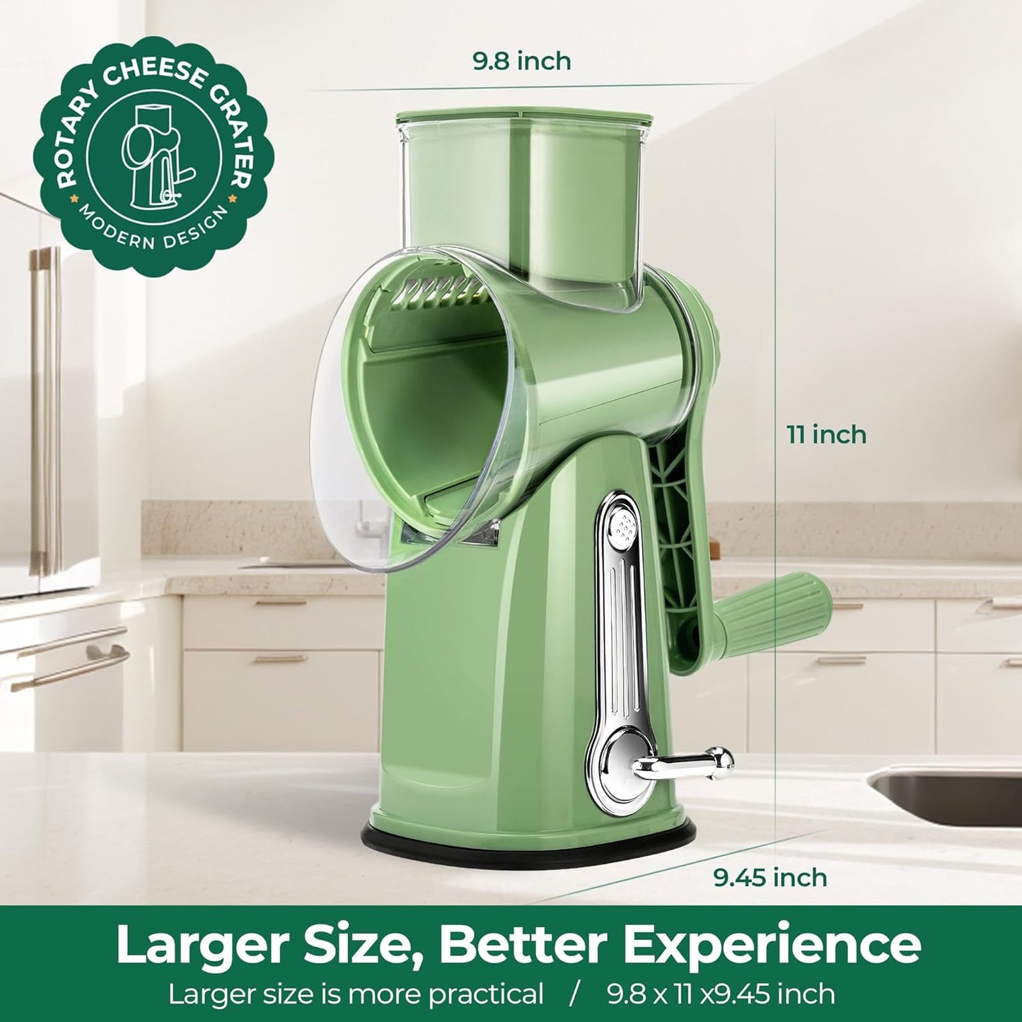 SUSTEAS Rotary Cheese Grater 5 Blades,Kitchen Mandoline Vegetable Slicer | Easy to Clean,Strong Suction Base,Blades Storage Box,Round Mandoline Slicer & Food Chopper for Cheese,Salad,Nut, Retro Green