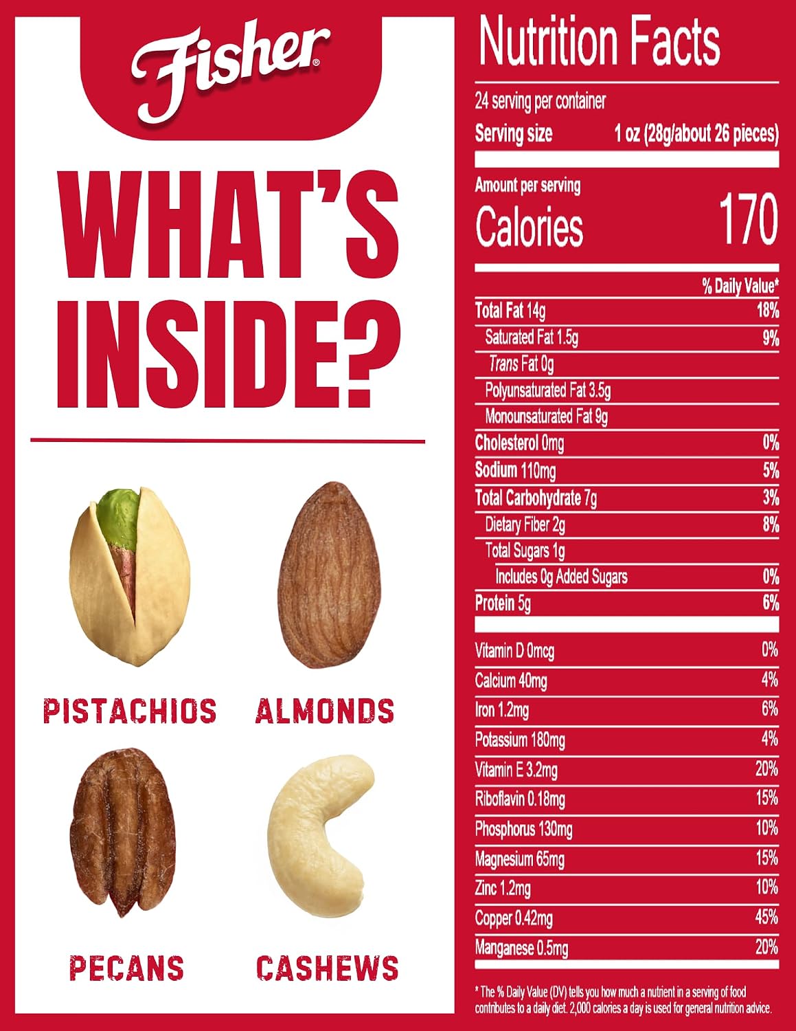 Fisher Oven Roasted Mixed Nuts, 24 Oz, Almonds, Cashews, Pecans, Pistachios, Healthy Snack