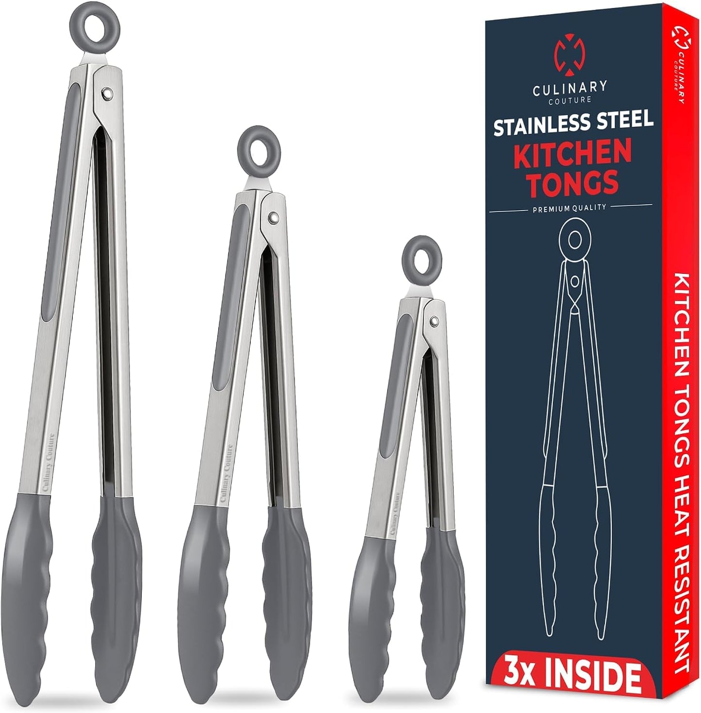 Kitchen Tongs with Silicone Tips Set of 3 Heat Resistant Tongs for Serving Food, 12-Inch, 9-Inch, 7-Inch Locking Silicone Tongs for Cooking, Salad Tong, Black Kitchen Utensils