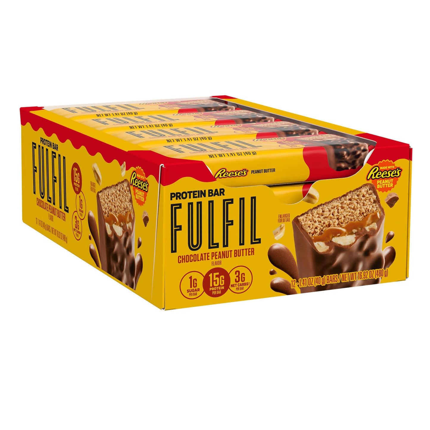FULFIL Chocolate Peanut Butter Flavored Protein Bar, 12 Count, Gluten Free, 15g Protein