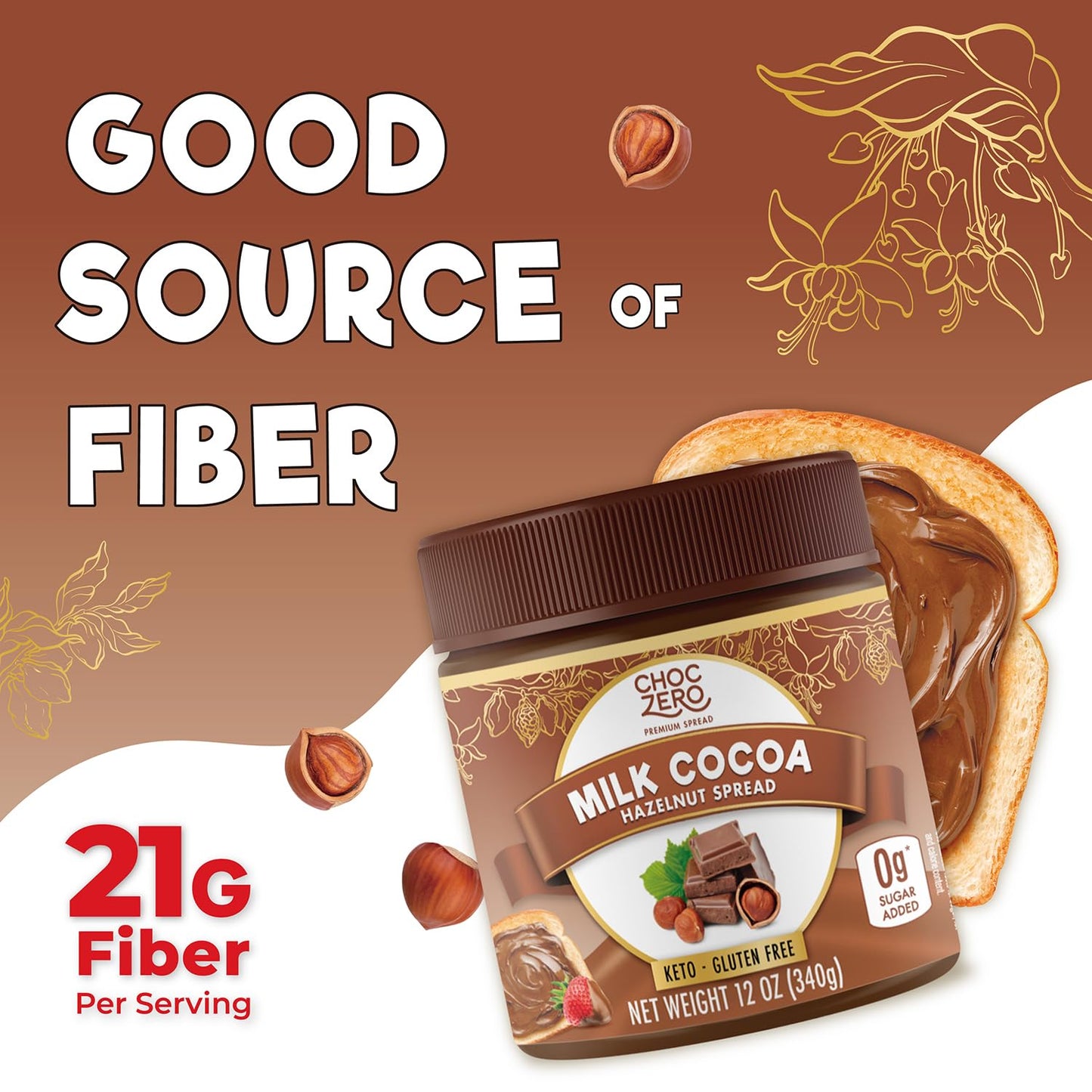 ChocZero Milk Chocolate Hazelnut Spread, No Added Sugar, Gluten Free, Keto Friendly, 12 oz Jar