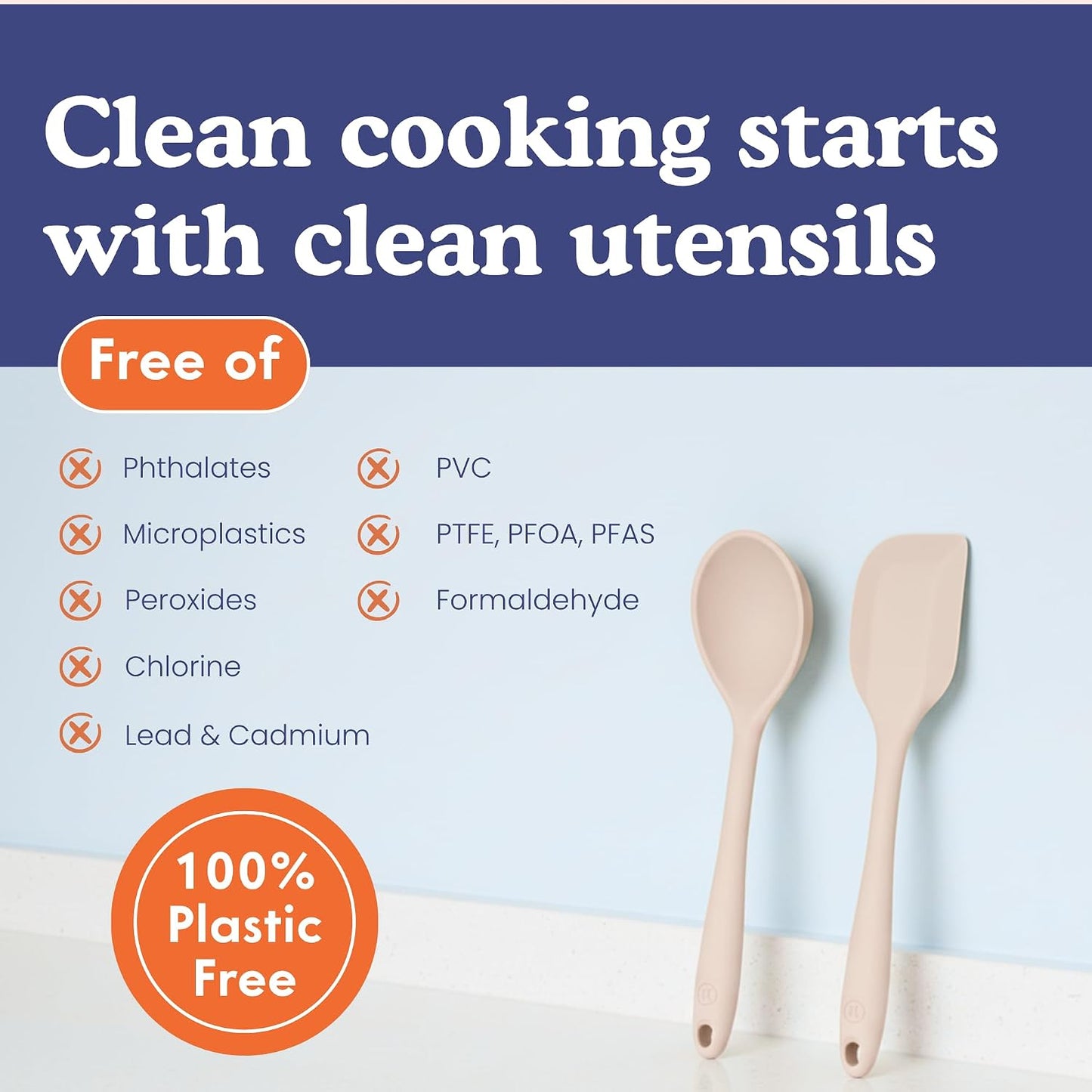NonToxic Platinum Silicone Utensils, 100% Plastic-Free, 8-Pcs, Beige | LFGB-certified platinum silicone. Solid steel core, no hidden plastics. 500ยฐF heat resistant. Non-scratch. Dishwasher safe