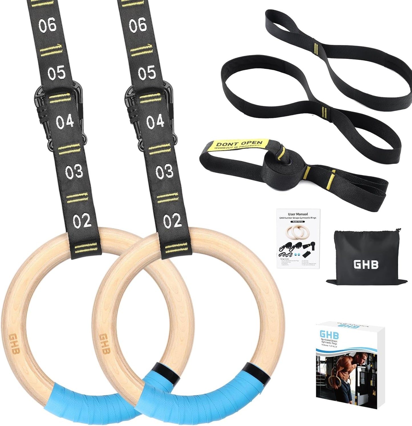 GHB 1.25" Olympic Rings Wooden Gymnastic Rings - Adjustable Straps, Workout Rings for Bodyweight Fitness