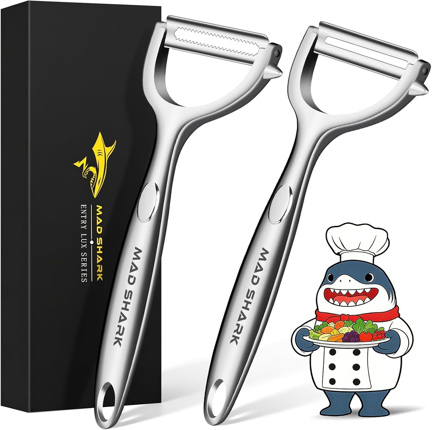 MAD SHARK Vegetable Peeler,Ultra Sharp Y Serrated Blade Peelers for Kitchen | Y Shaped Peeler Rust-proof Stainless Steel,Non-slip Ergonomic Grip,Easy Clean for carrots, potatoes, apples, fruits & veggies