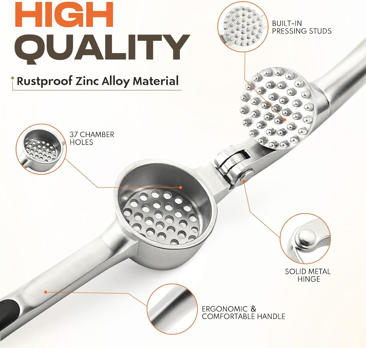 Kitchen Garlic Press, Rust Proof & Dishwasher Safe Garlic Mincer, Durable Garlic Crusher Set with Peeler&Brush, Easy to Clean and Squeeze, Matte