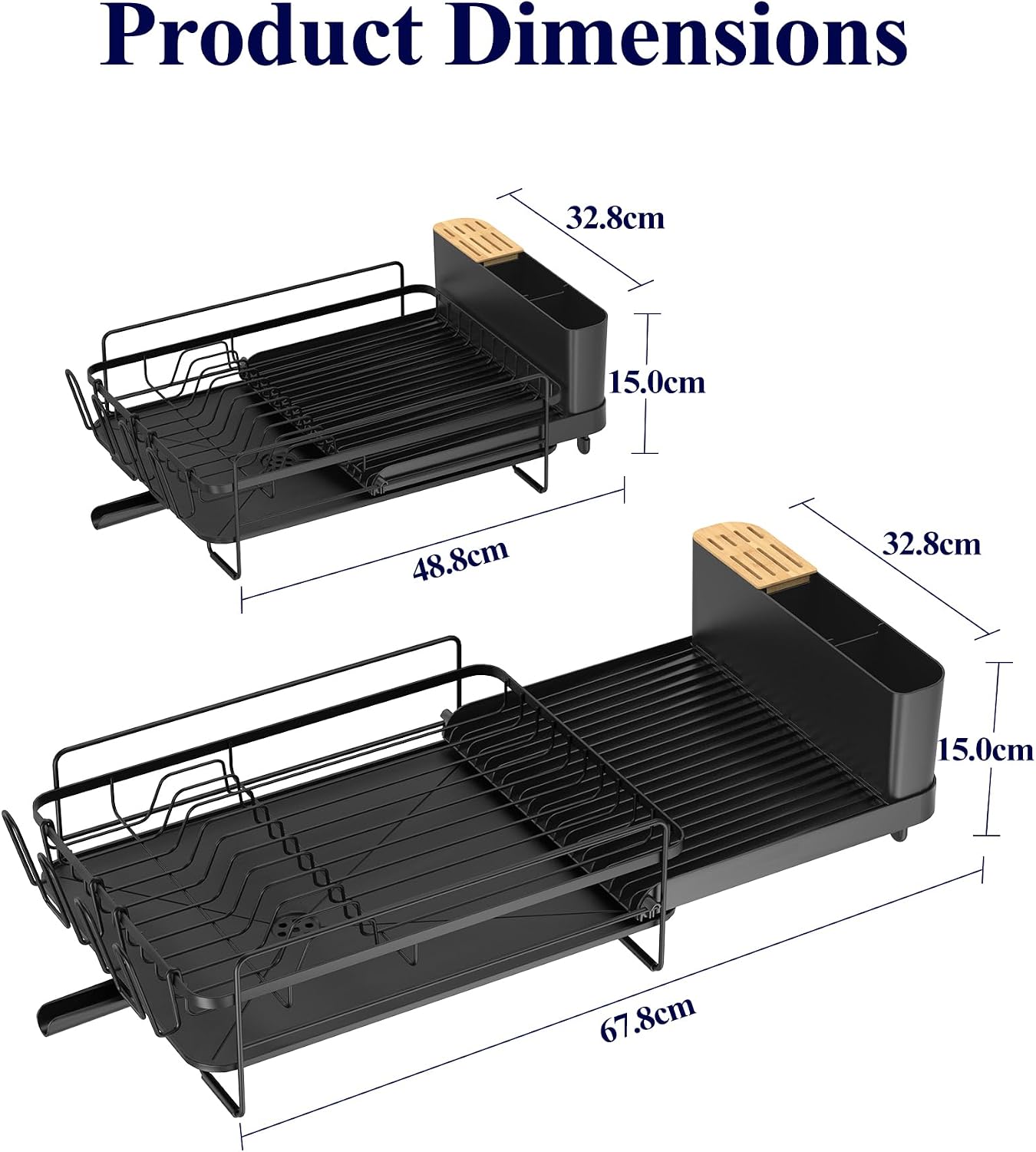 Kitsure Extendable Dish Drying Rack, 19.2"-26.7" L x 12.9" W, Black | Large Dish Rack, Multifunctional Dish Rack for Kitchen Counter, Anti-Rust Dish Drainers with Cutlery & Cup Holders