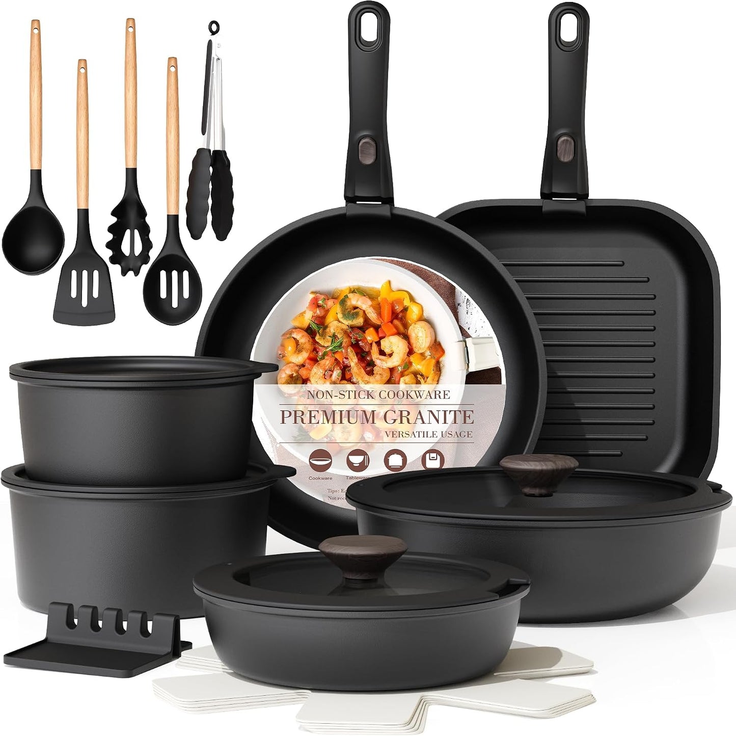 Astercook 21 Pcs Pots and Pans Set Non Stick, Ceramic Cookware Set Detachable Handle, RV Kitchen Cooking Set Removable Handles, Oven Safe, Induction Ready, Stackable, Pink, Fathers Day Gift for Men