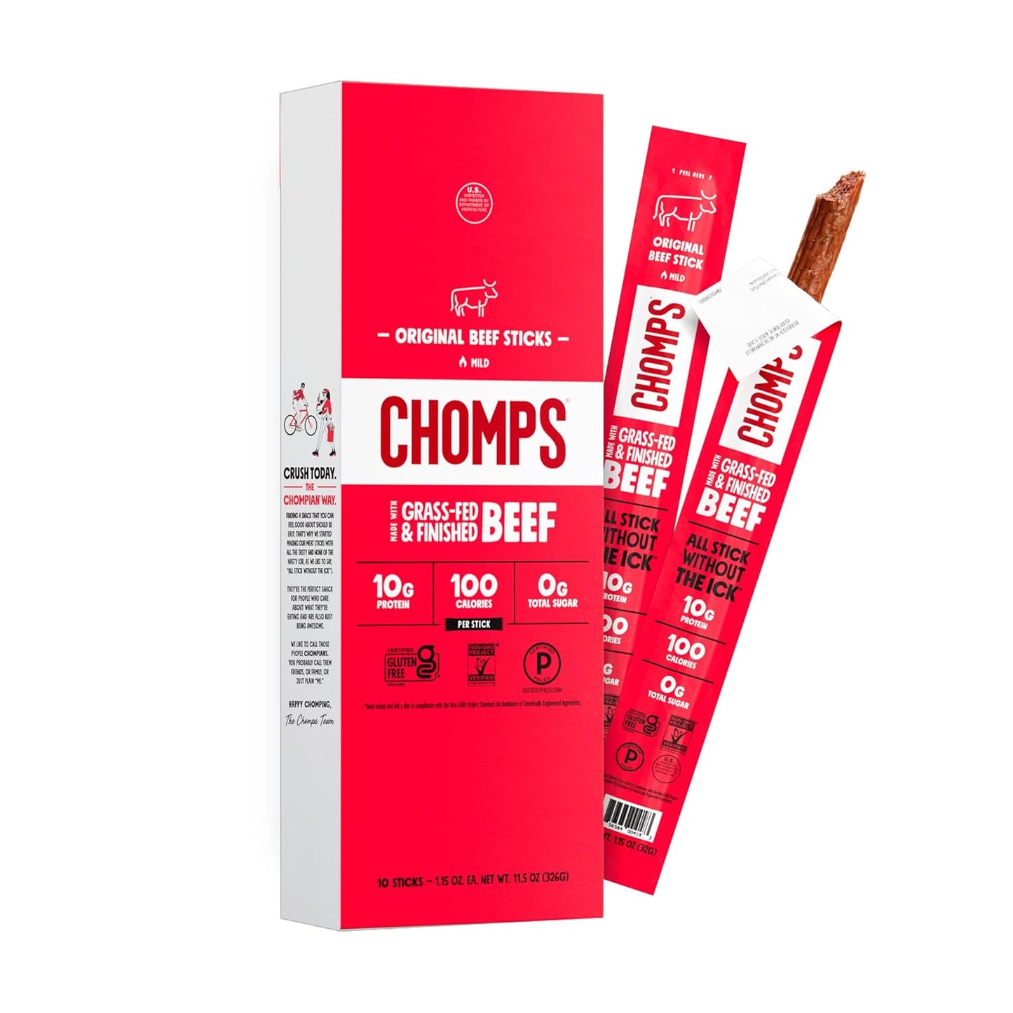 Chomps Grass-Fed Beef Jerky Snack Sticks 10-Pack, 10g Protein, Gluten-Free, Zero Sugar