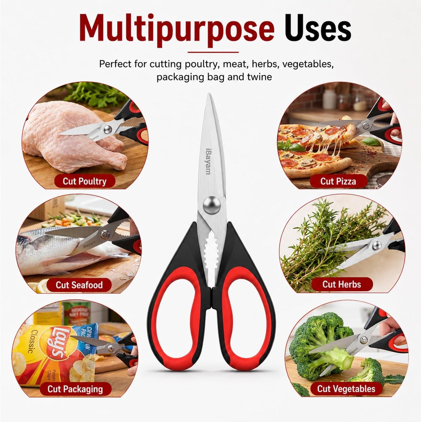 iBayam 3-Pack 8.7" Kitchen Scissors All Purpose Heavy Duty Shears w/Sheath | Soft Comfort Grip, Dishwasher Safe, Stainless Micro-Serrated Edge Blades, Cooking Poultry Herbs Meat Kitchen Utensils Gadgets