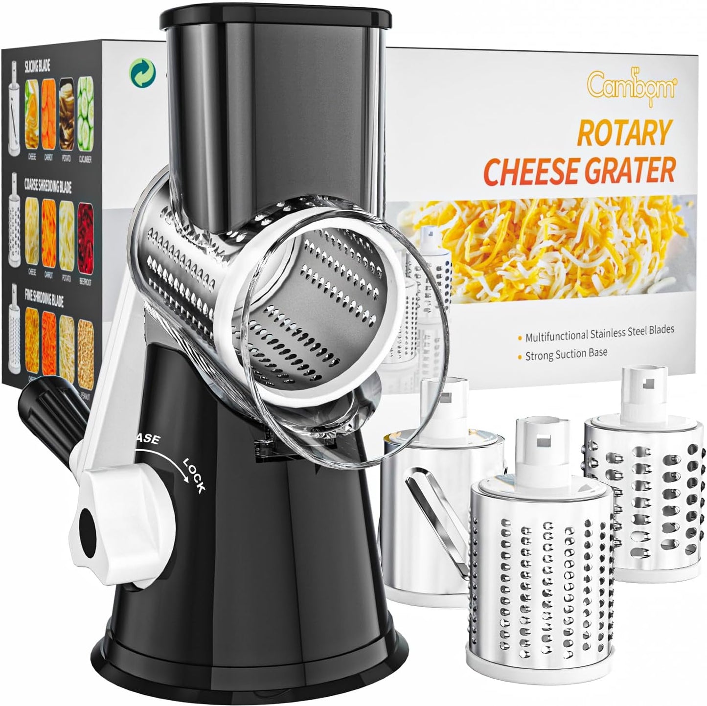 Cambom Rotary Cheese Grater Hand Crank Cheese Shredder, Black | for Fresh Cheese, Vegetable, Nuts,Non-slip Suction Base, Three Blades