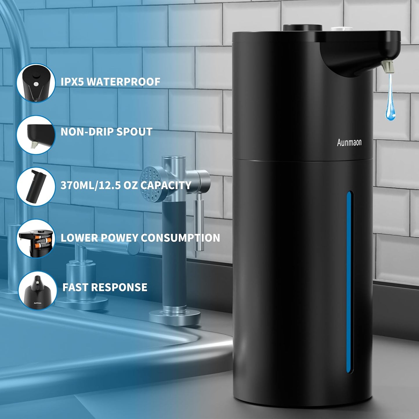 Aunmaon Automatic Soap Dispenser Touchless,15-Level,Kitchen Bath Black | Hands-Free,15-Level Dial Control,Thick & Thin Soap Compatible,Long Battery Life,Easy for Toddlers,Wall Mountable