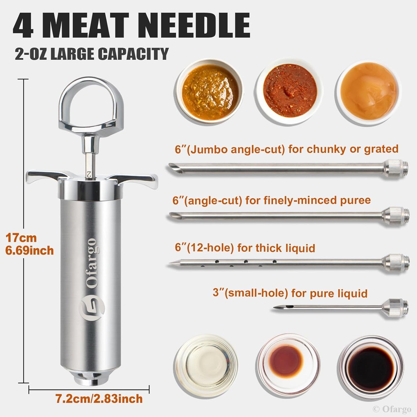 Ofargo Stainless Steel Meat Injector Syringe Kit with 4 Marinade Needles for BBQ Grill Smoker, Father Day Gifts for Dad Husband Men Him, 2-oz Large Capacity, Both Paper User Manual and E-Book Recipe