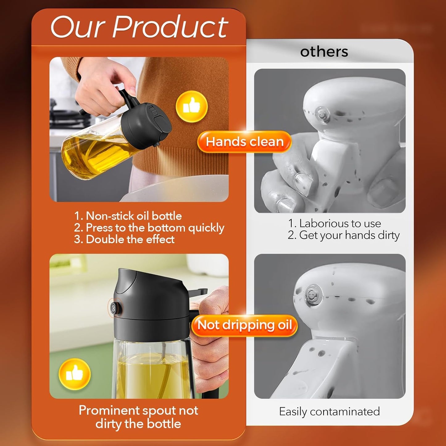 YARRAMATE 16 oz 2-in-1 Glass Olive Oil Sprayer for Cooking, Black | Food-grade dispenser bottle, 470 ml, spray and pour, portion control, stickers included, for salad, frying and BBQ
