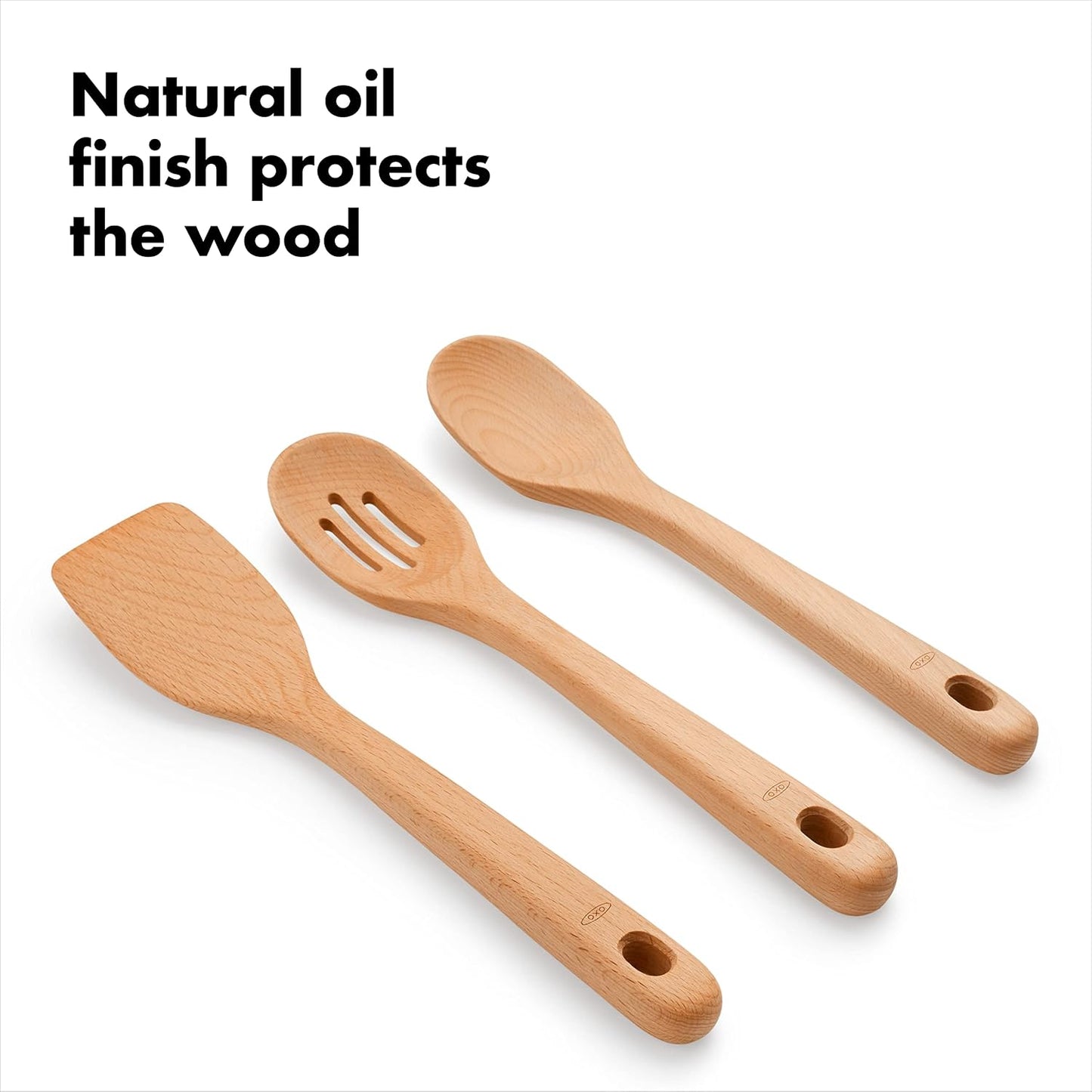 OXO Good Grips 3‑Piece Wooden Utensil Set, Solid Beachwood Spoon, Slotted Spoon and Turner