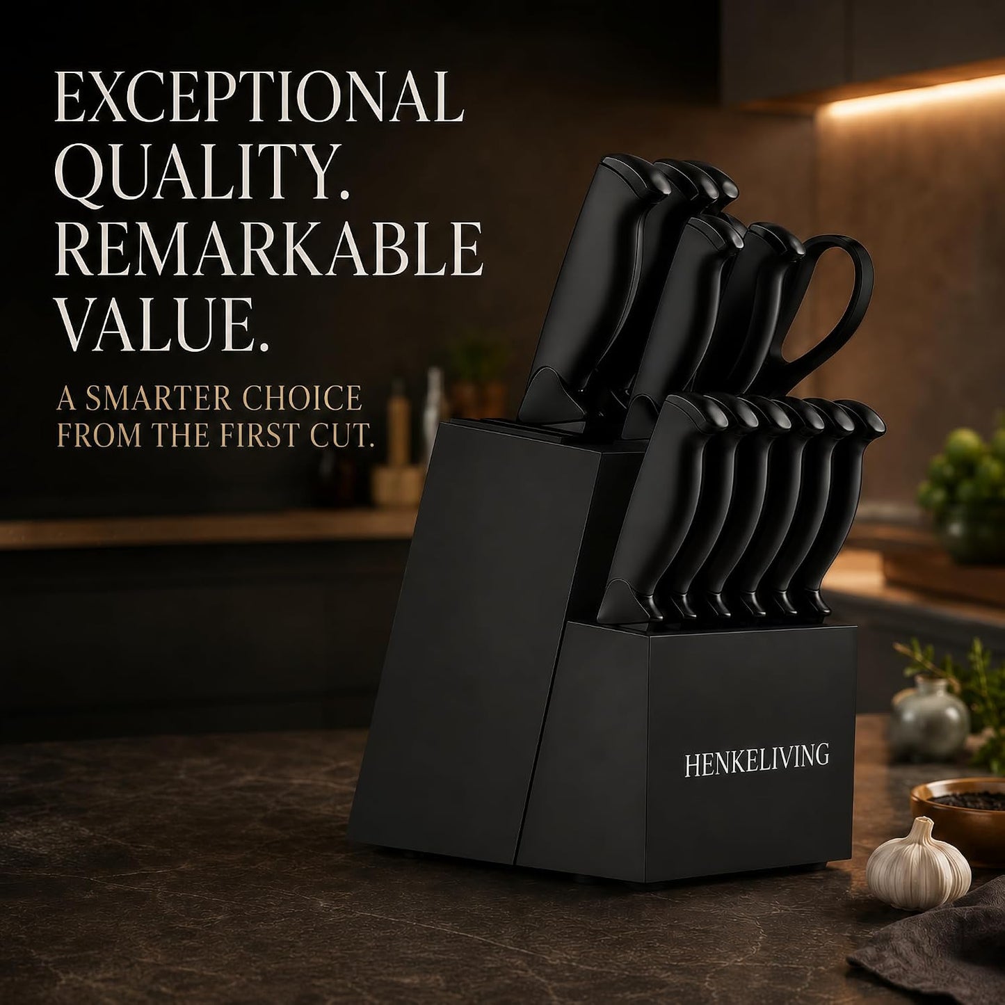14-Piece Black Kitchen Knife Block Set with Built-In Sharpener | German high-carbon stainless steel blades, dishwasher safe, ultra-sharp edges, ergonomic non-slip handles