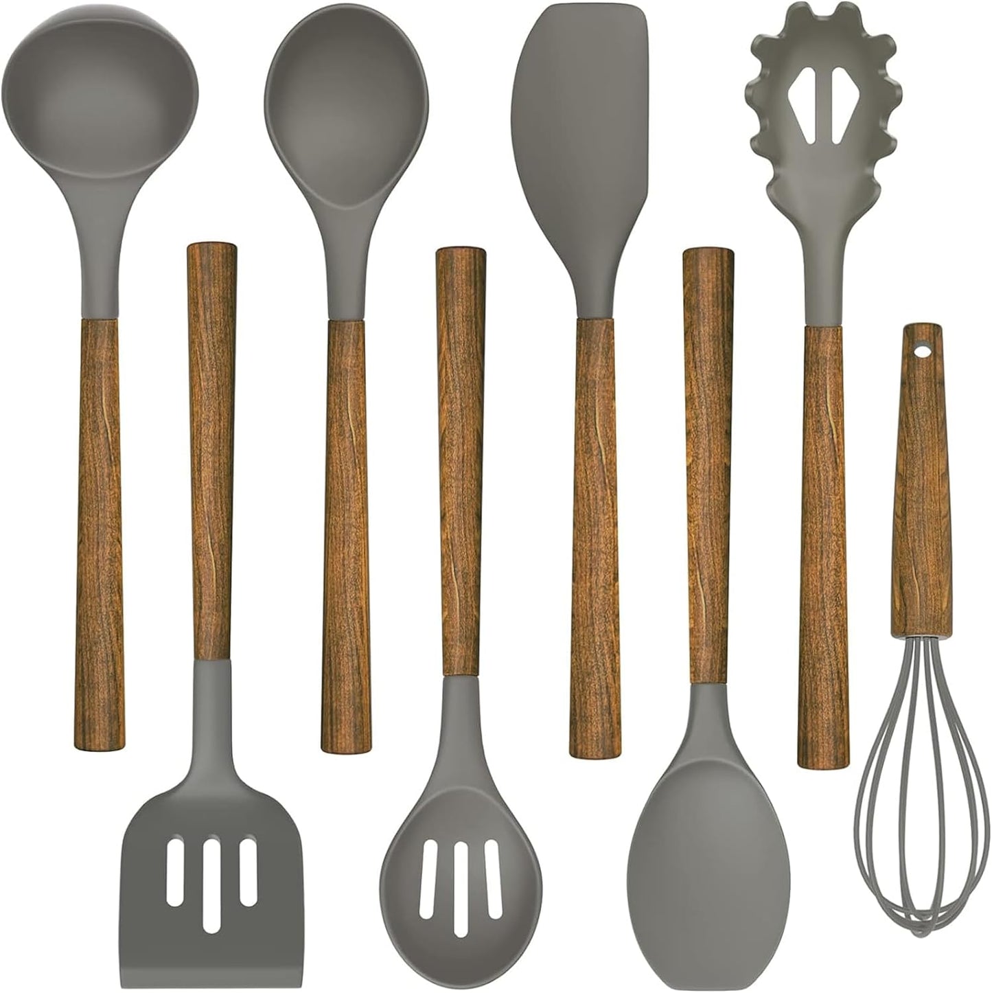 Silicone Cooking Utensil Set, Umite Chef 8-Piece Kitchen Utensils Set with Natural Acacia Wooden Handles,Food-Grade-Silicone Kitchen Gadgets Spatulas Set for Nonstick Cookware- Black