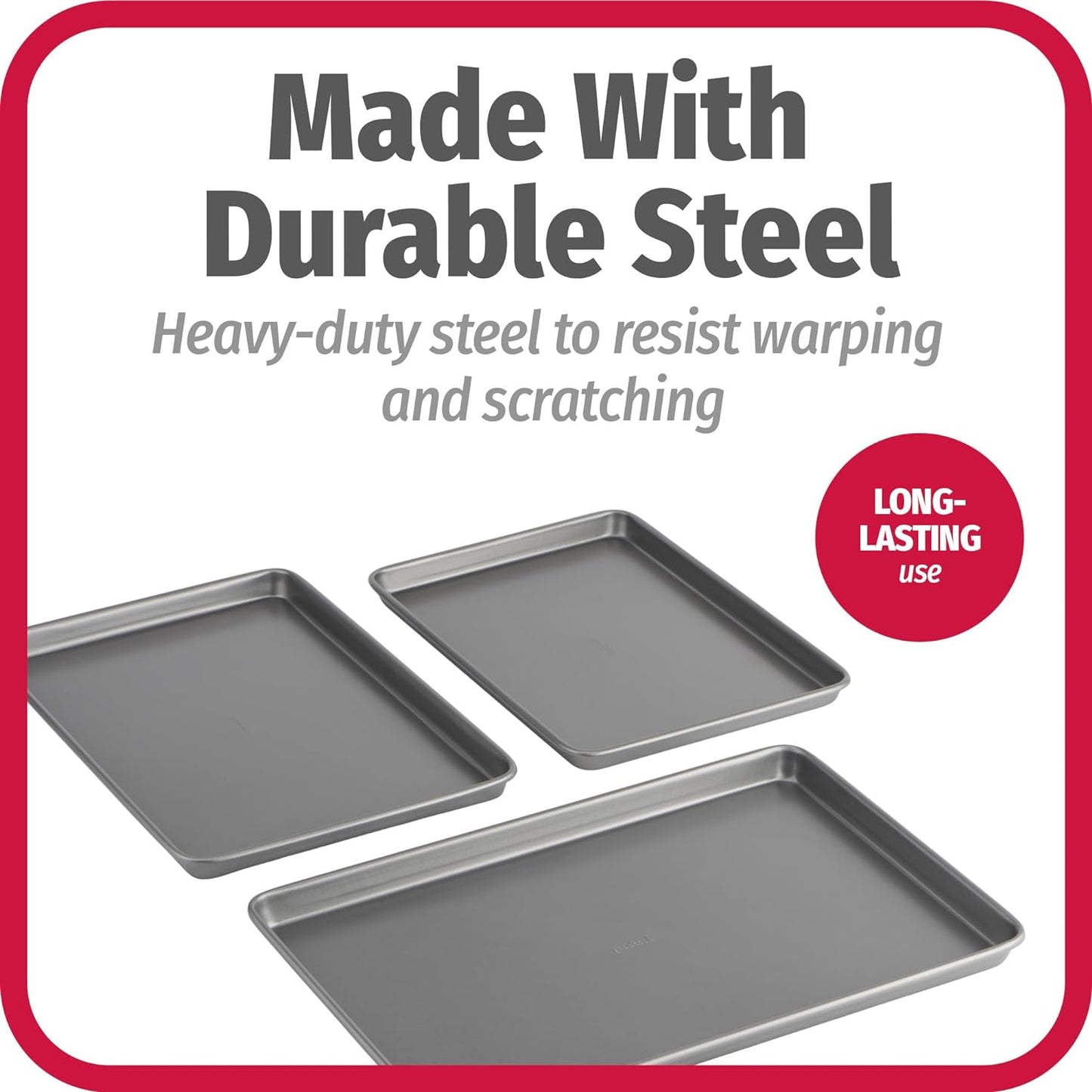 GoodCook Everyday Nonstick Baking Sheet Set, 3 Pack Includes Small (13×9) Medium (15×1) and Large (17×11) Pans Carbon Steel Construction Cookie Sheets Bakeware Set, Gray