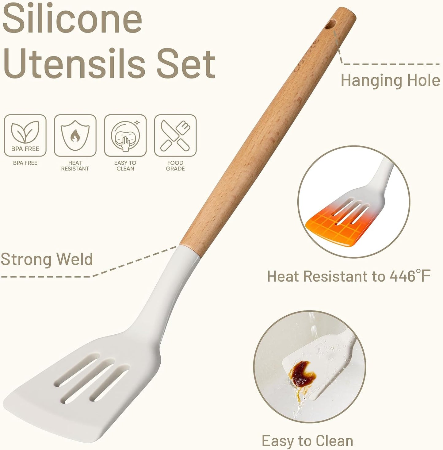 CAROTE 22-Piece Cooking Utensils Set with Wood Cool-Touch Handles, Cream | Silicone Kitchen Utensil, Food Grade, Nonstick Cookware Friendly, BPA-Free, Heat-Resistant, Everyday Home Essentials, Gifts