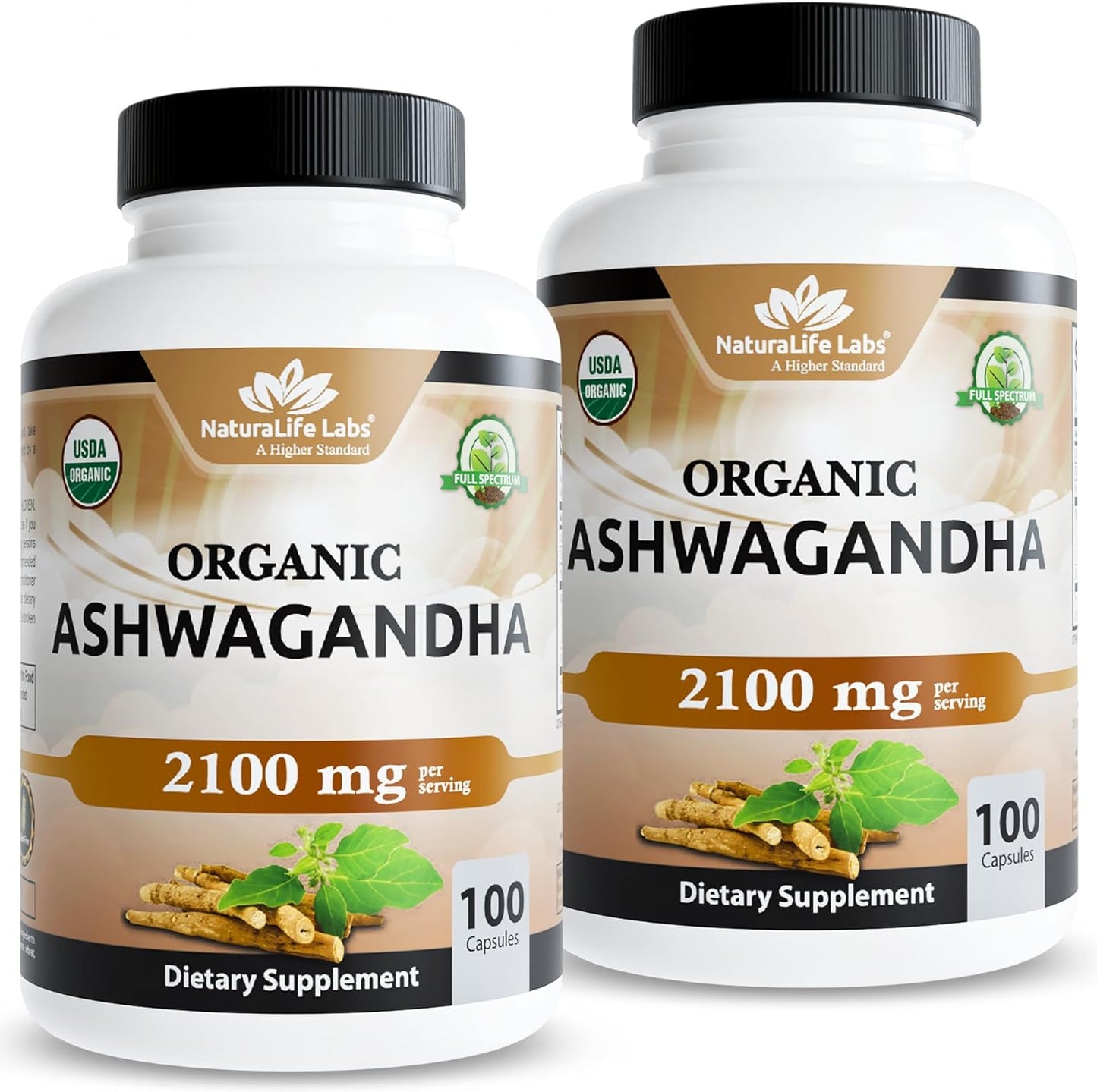 NaturaLife Labs Organic Ashwagandha 2100 mg per Serving – Full Spectrum Root Powder and Standardized Extract (Withanolides) – 100 Capsules – Vegan – Non-GMO, Gluten-Free