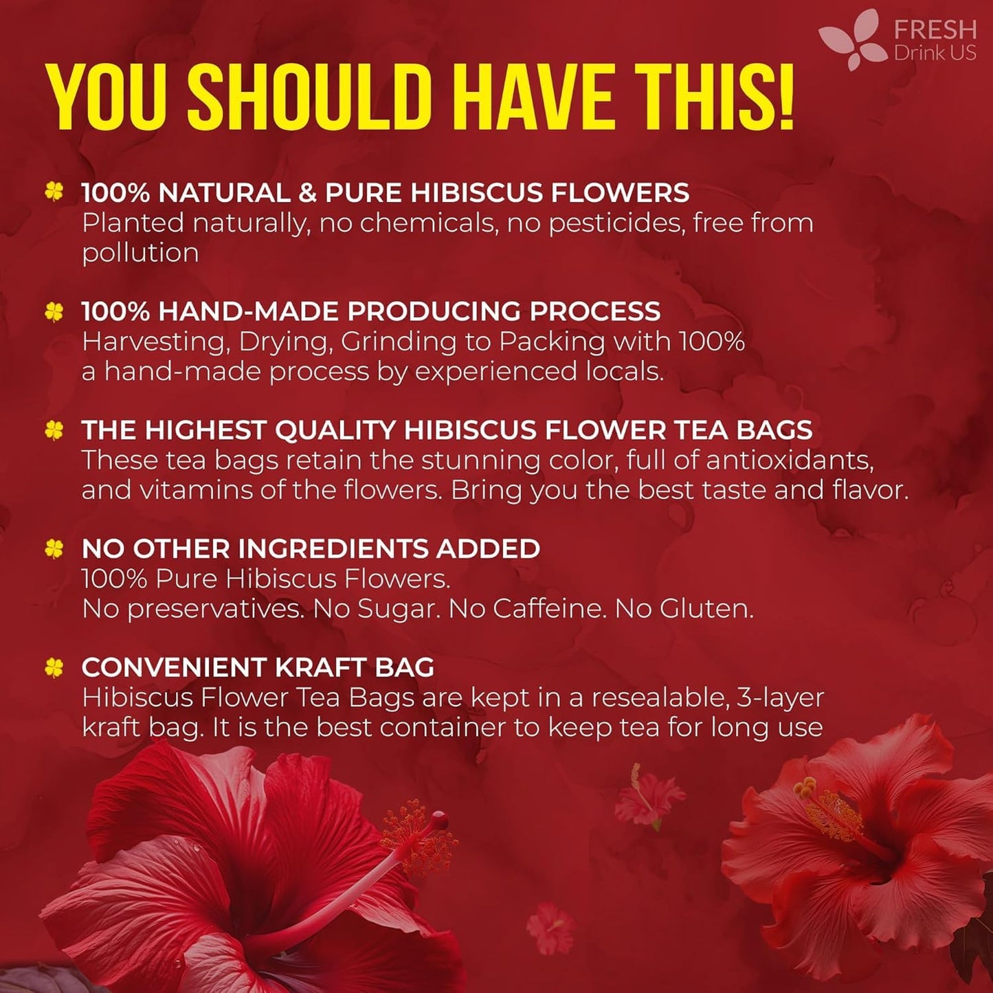 100% Natural Hibiscus Flowers Tea Bags, Loose Flower Herbal Tea, No Sugar, No Caffeine, No Gluten, Vegan