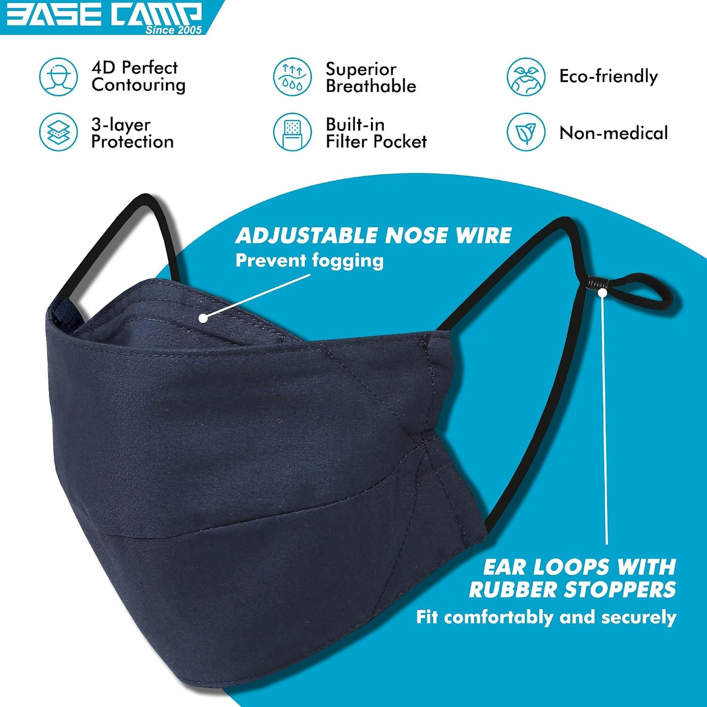 BASE CAMP 100% Cotton Reusable Cloth Face Masks with Filter Pocket