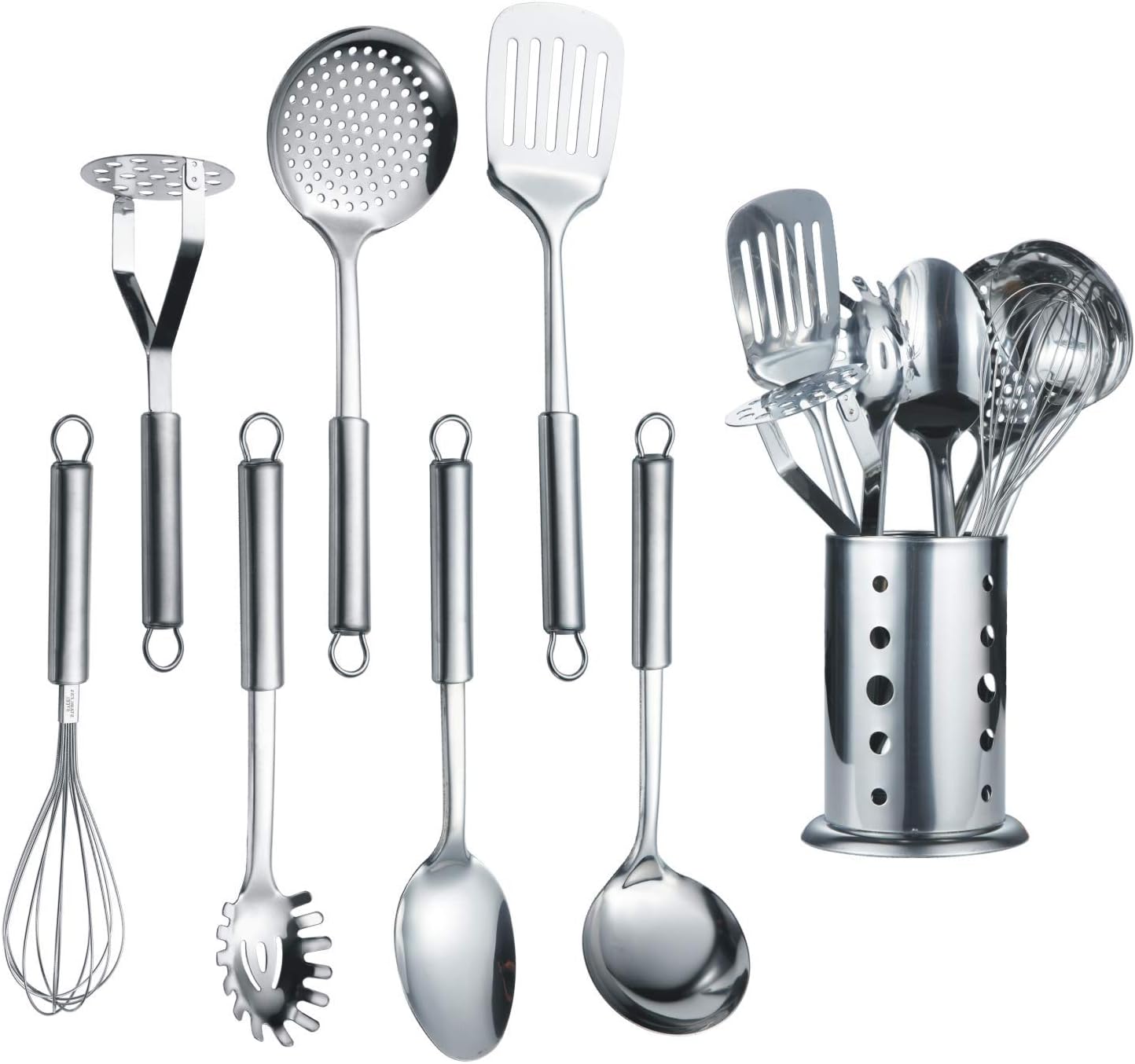 Berglander Cooking Utensil Set 8 Piece, Stainless Steel Kitchen Tool Set with Stand,Cooking Utensils, Slotted Tuner, Ladle, Skimmer, Serving Spoon, Pasta Server,Potato Maseher, Egg Whisk. (8 Pieces)