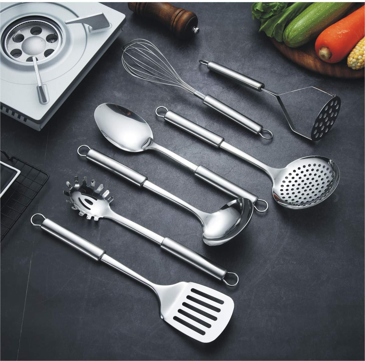 Berglander Cooking Utensil Set 8 Piece, Stainless Steel Kitchen Tool Set with Stand,Cooking Utensils, Slotted Tuner, Ladle, Skimmer, Serving Spoon, Pasta Server,Potato Maseher, Egg Whisk. (8 Pieces)