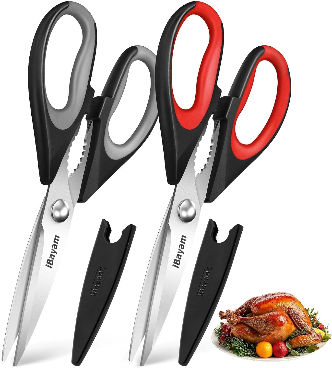 iBayam 2 Pack All Purpose Kitchen Scissors Shears Heavy Duty, Blade Covers | Stainless Steel Blade, Soft Comfort-Grip Handle, Dishwasher Safe, Food & Meat Scissors, Home, Kitchen, Dining Utility Gadgets